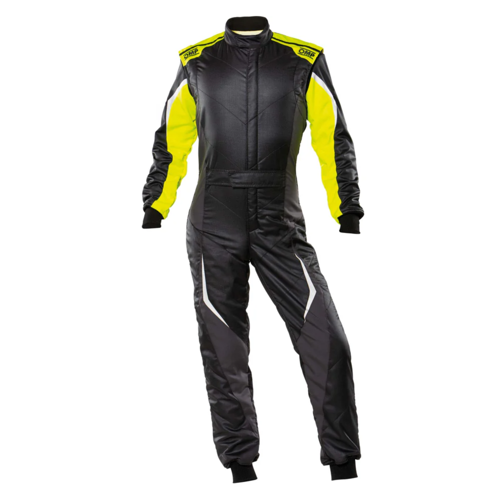 The black and yellow OMP Tecnica Evo Racing Suit.
