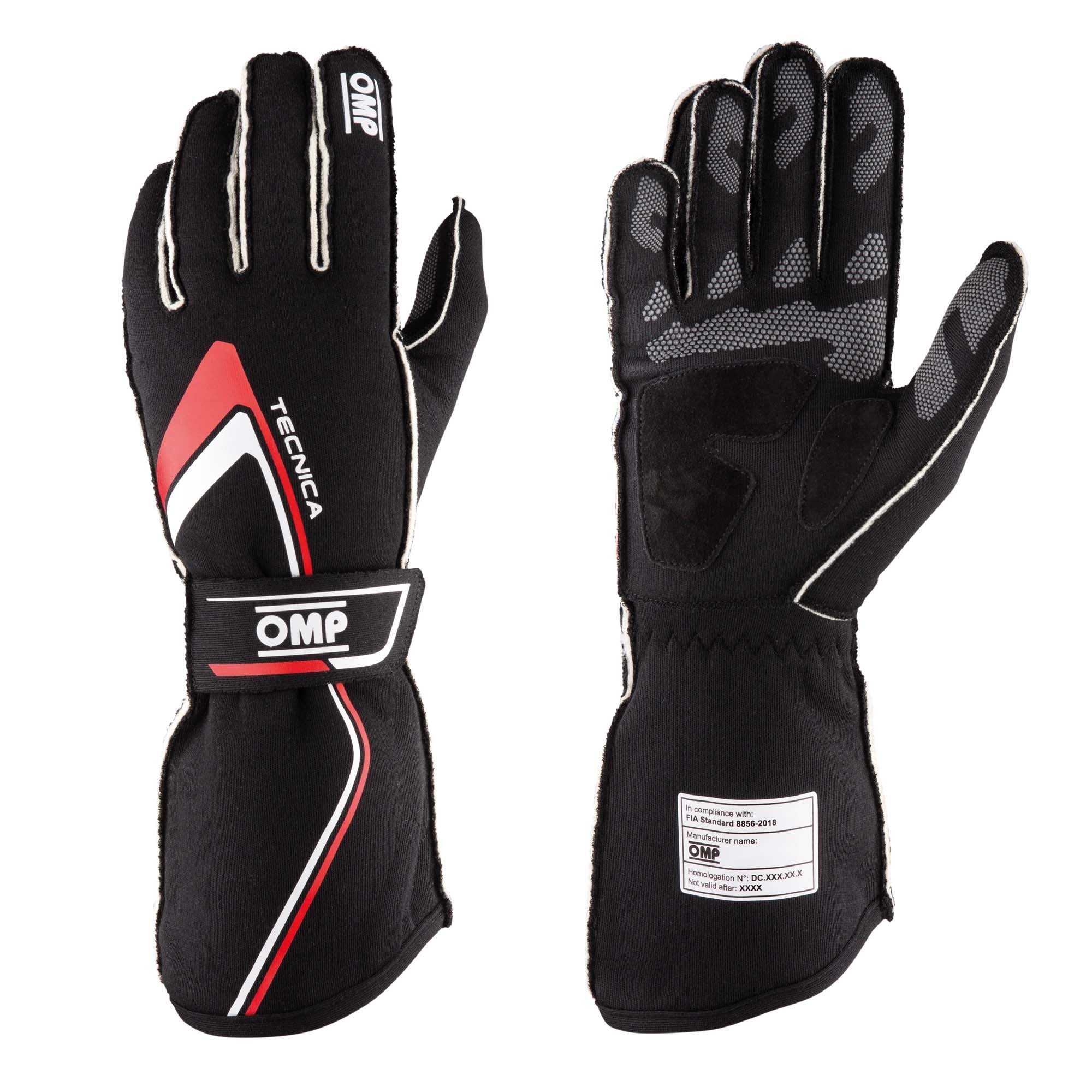 The black and red 2024 model OMP Tecnica Racing Gloves.