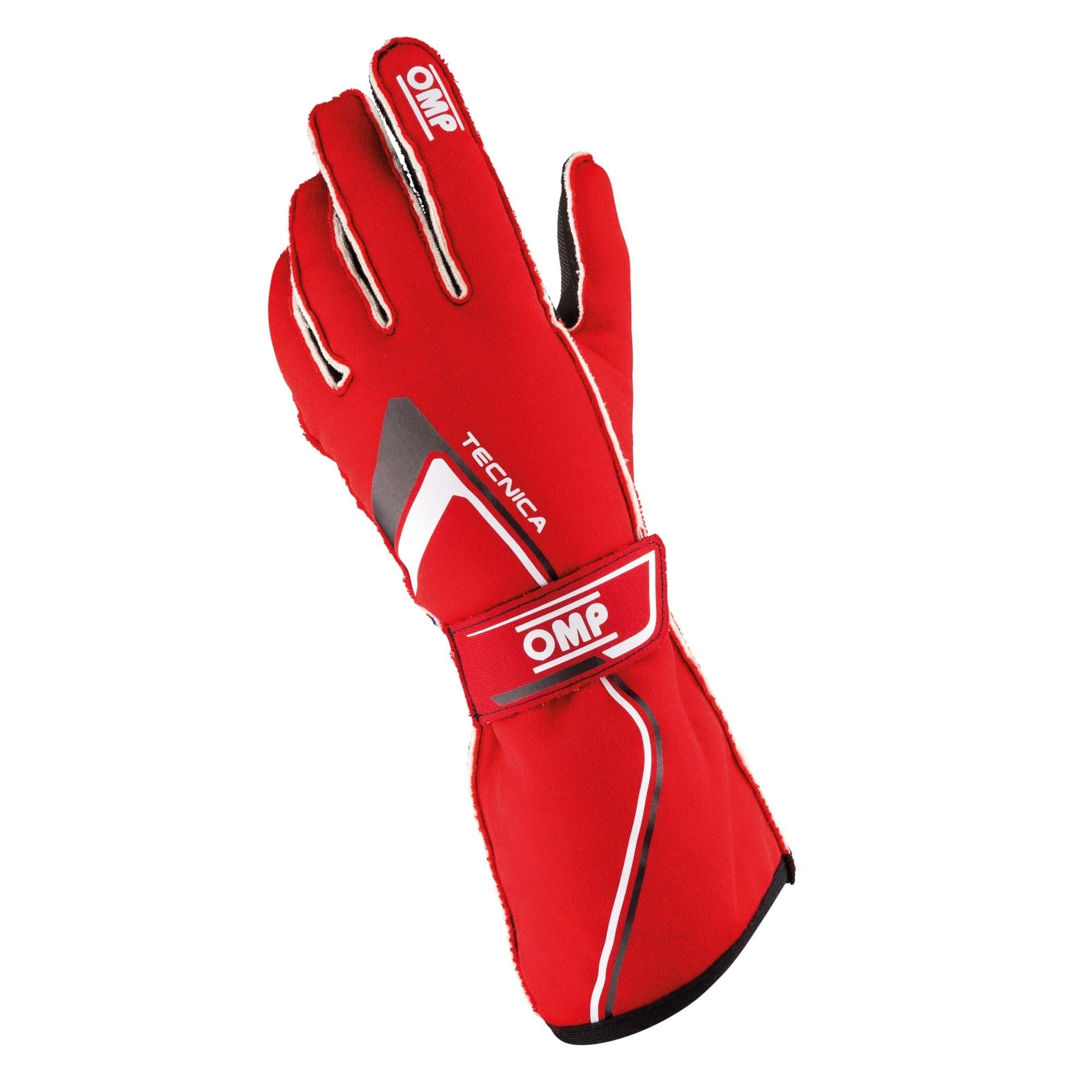 A single red 2024 model OMP Tecnica Racing Glove.