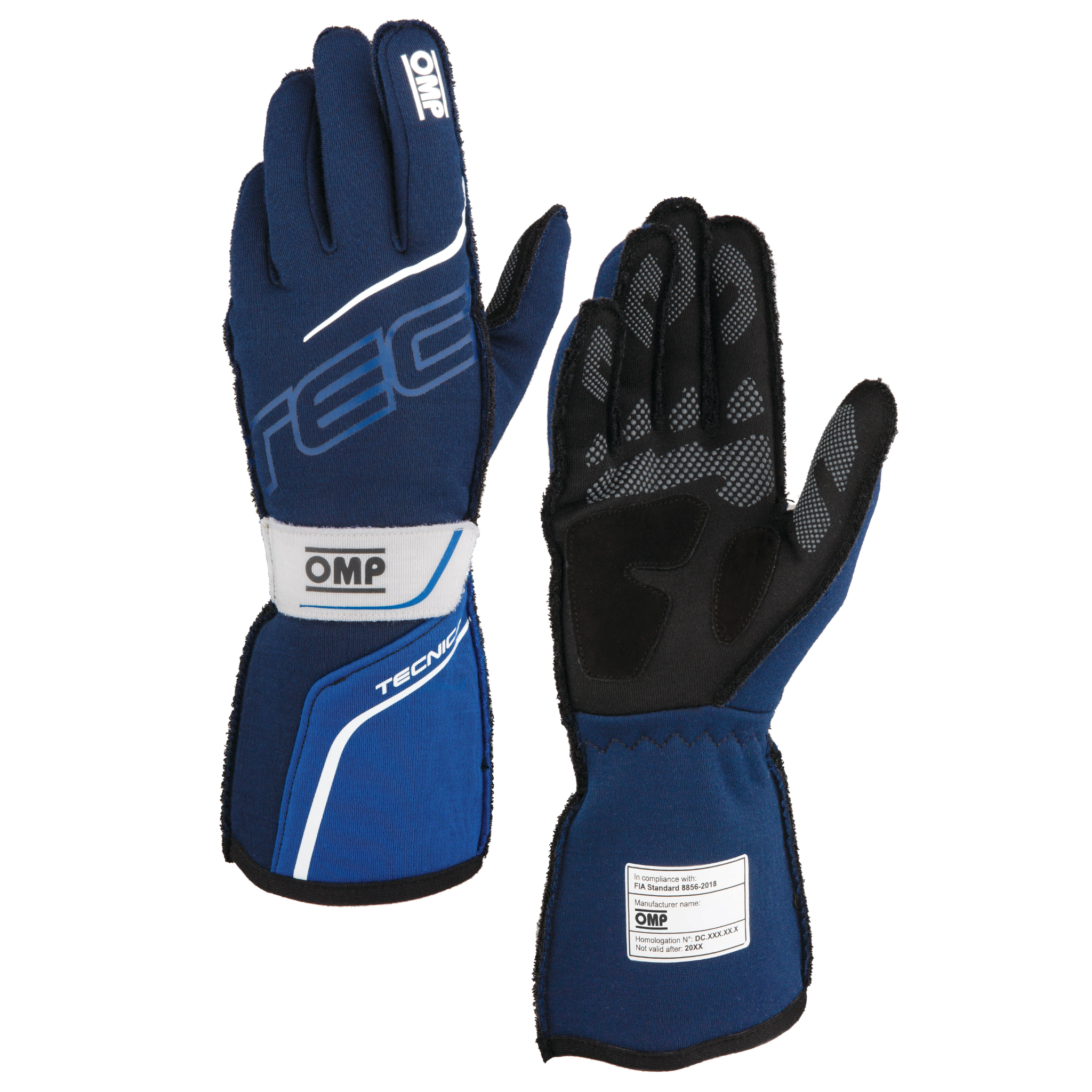 The navy and blue OMP Tecnica Racing Gloves.