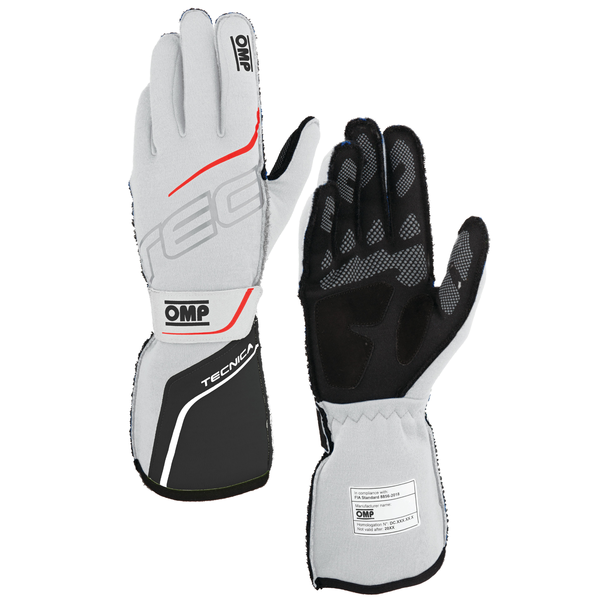 The white and anthracite OMP Tecnica Racing Gloves.