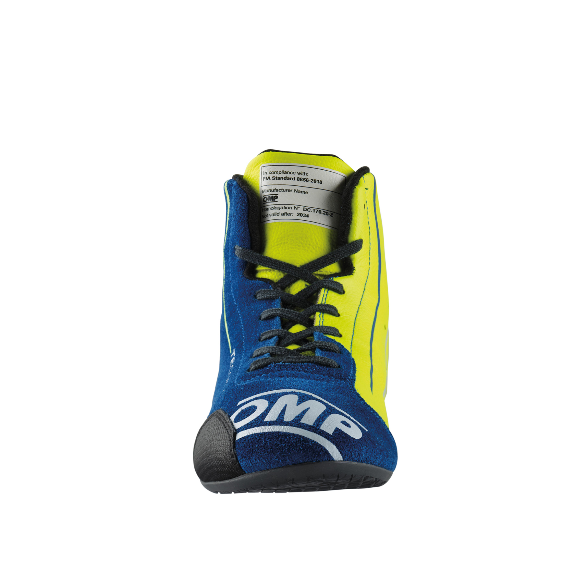 The front of blue and yellow OMP Tecnica Racing Shoes.