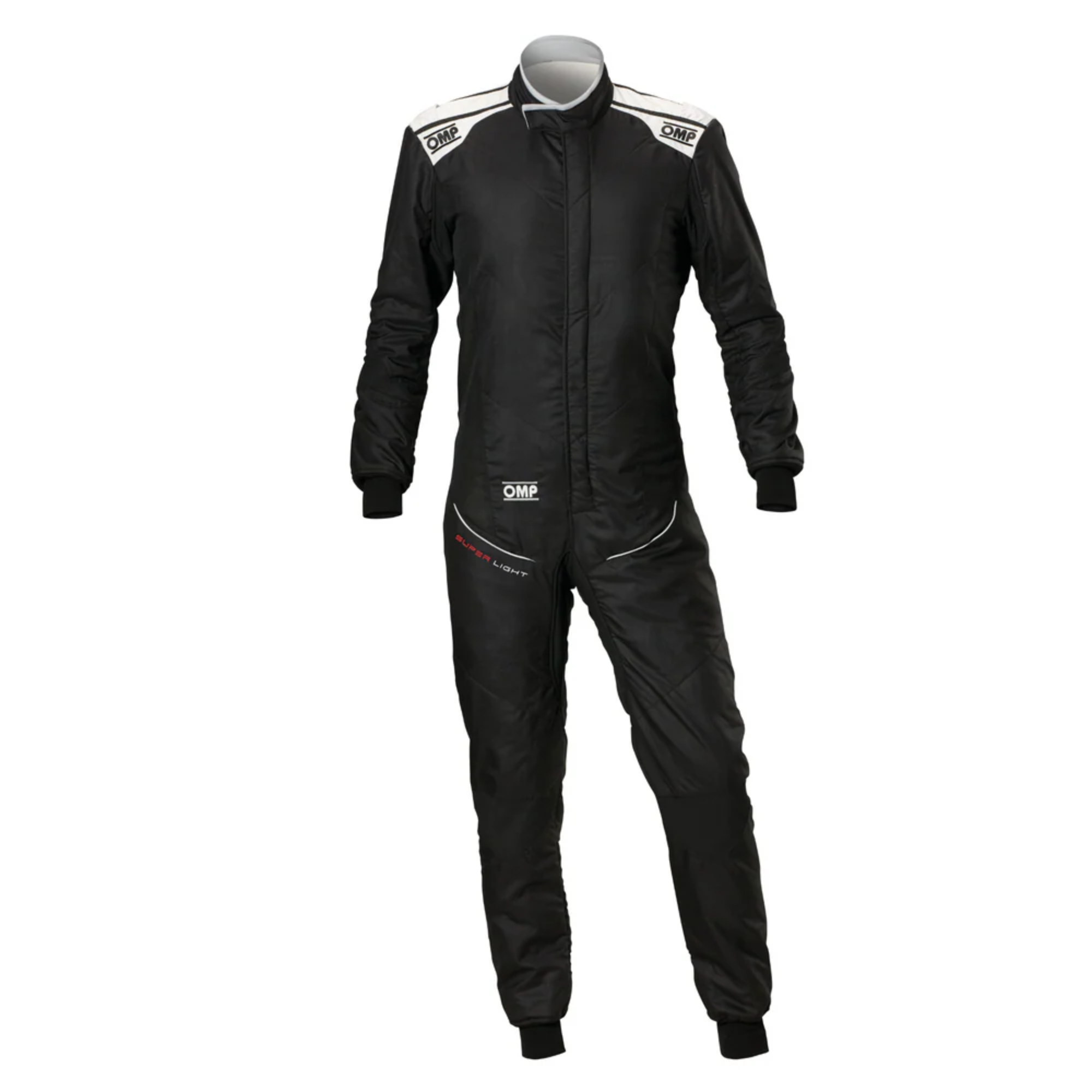 The front of the black and silver OMP Tecnica Super Light Racing Suit.