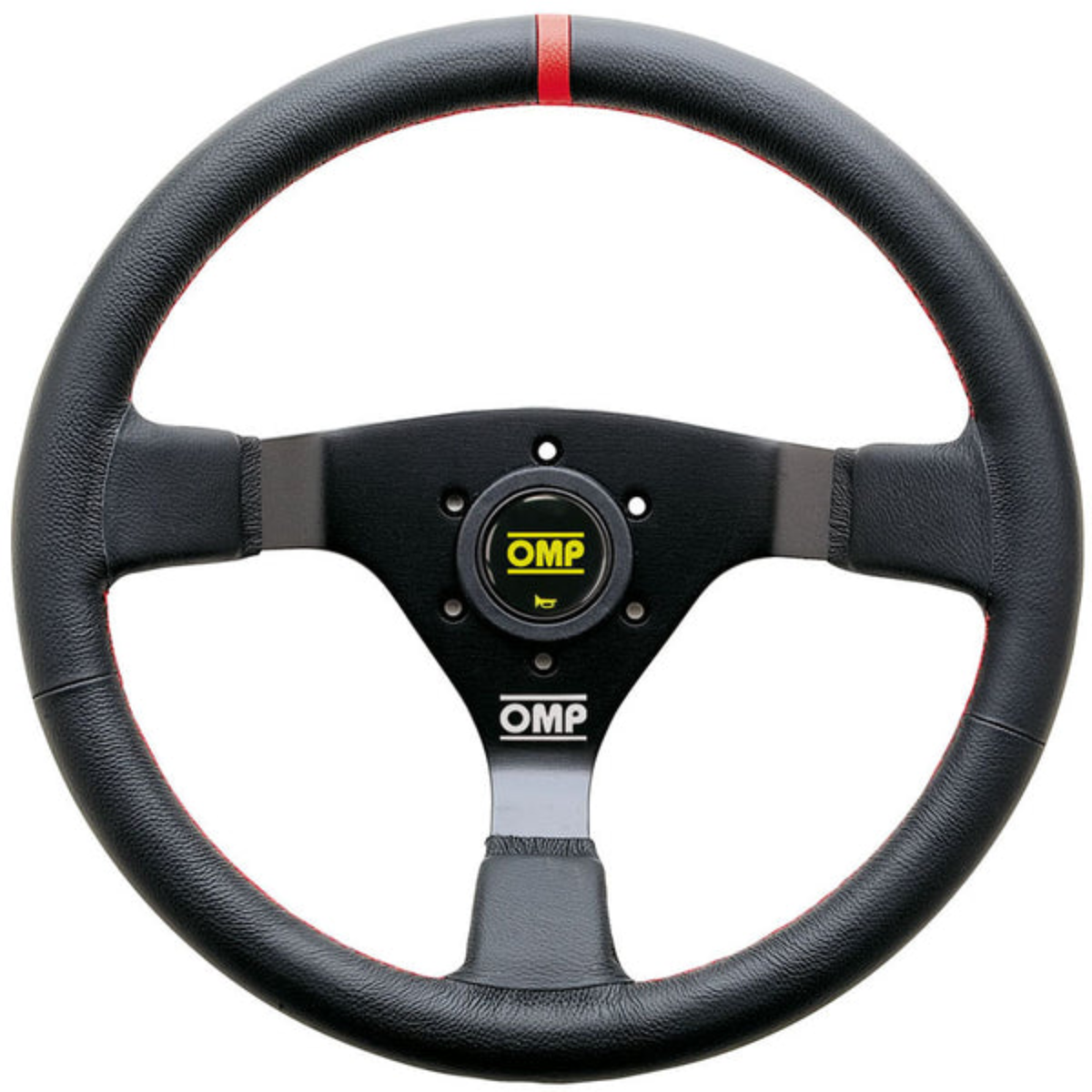 The black leather OMP WRC Steering Wheel with red stitching.