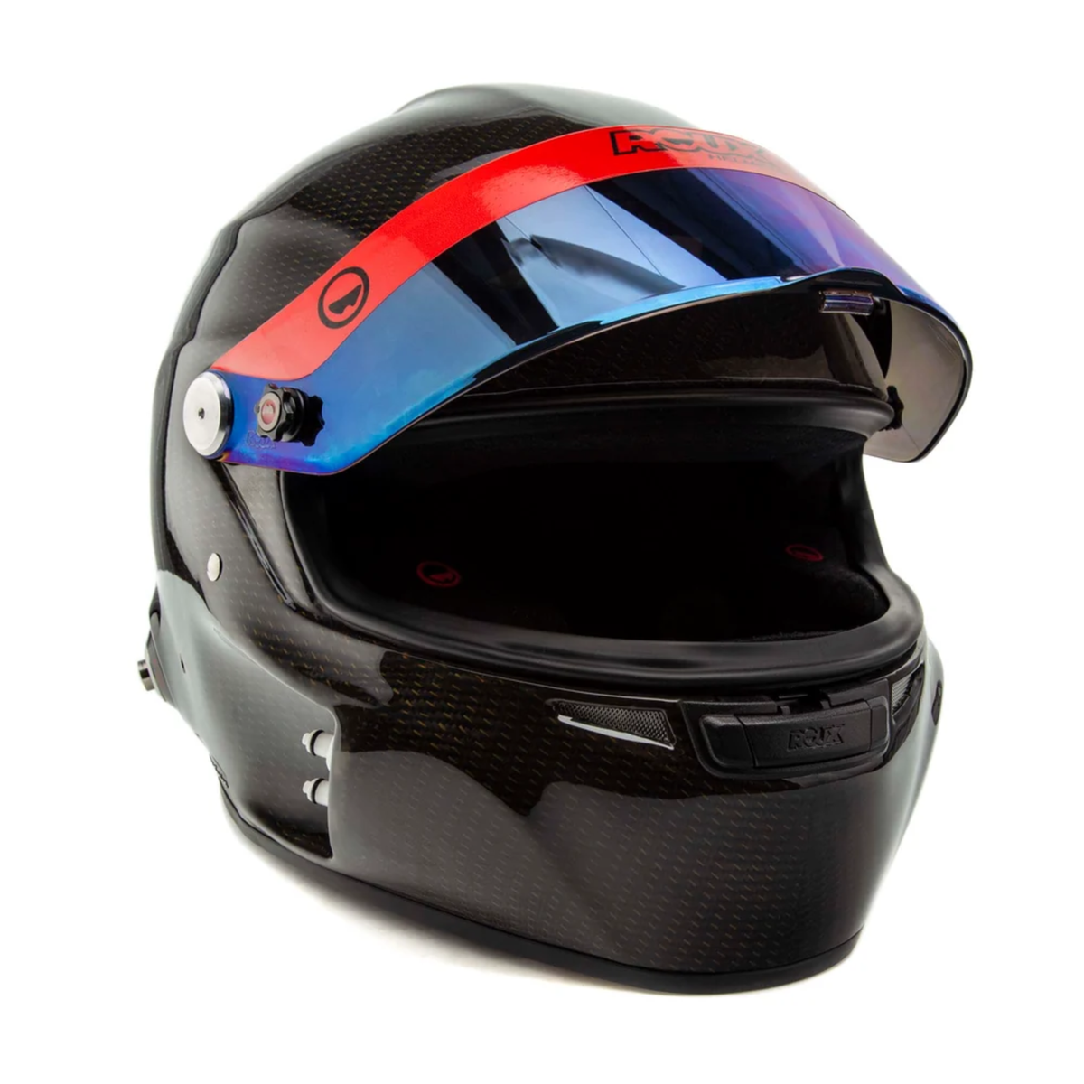 The SA2020 rated Roux Pininfarina Carbon GT Loaded Racing Helmet with it's shield open.