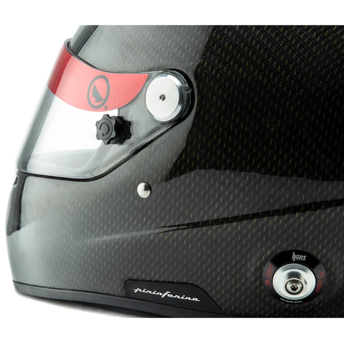 The carbon fiber SA2020 Roux Pininfarina Formula Carbon Racing Helmet close up showing the HANS posts.
