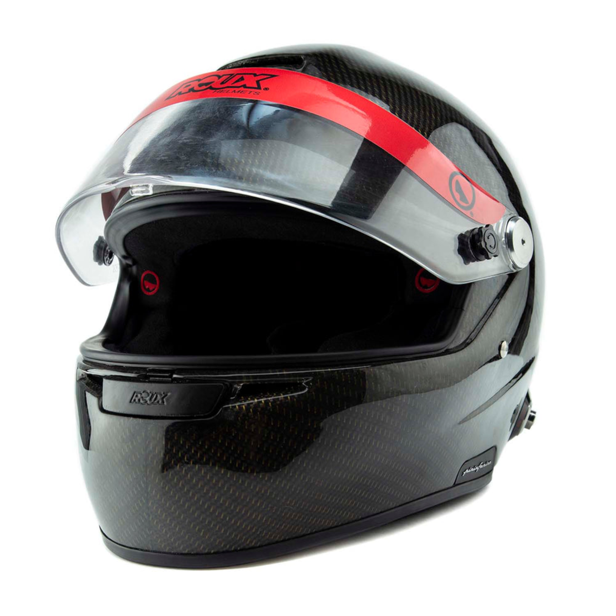 The carbon fiber SA2020 Roux Pininfarina Formula Carbon Racing Helmet with its visor open.