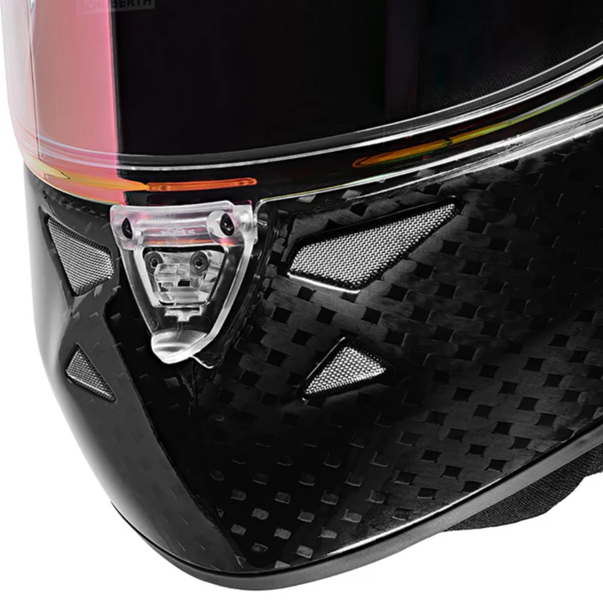 The chin and ventilation of the black Schuberth SF4 Carbon Racing Helmet - FIA8860 from Schuberth.