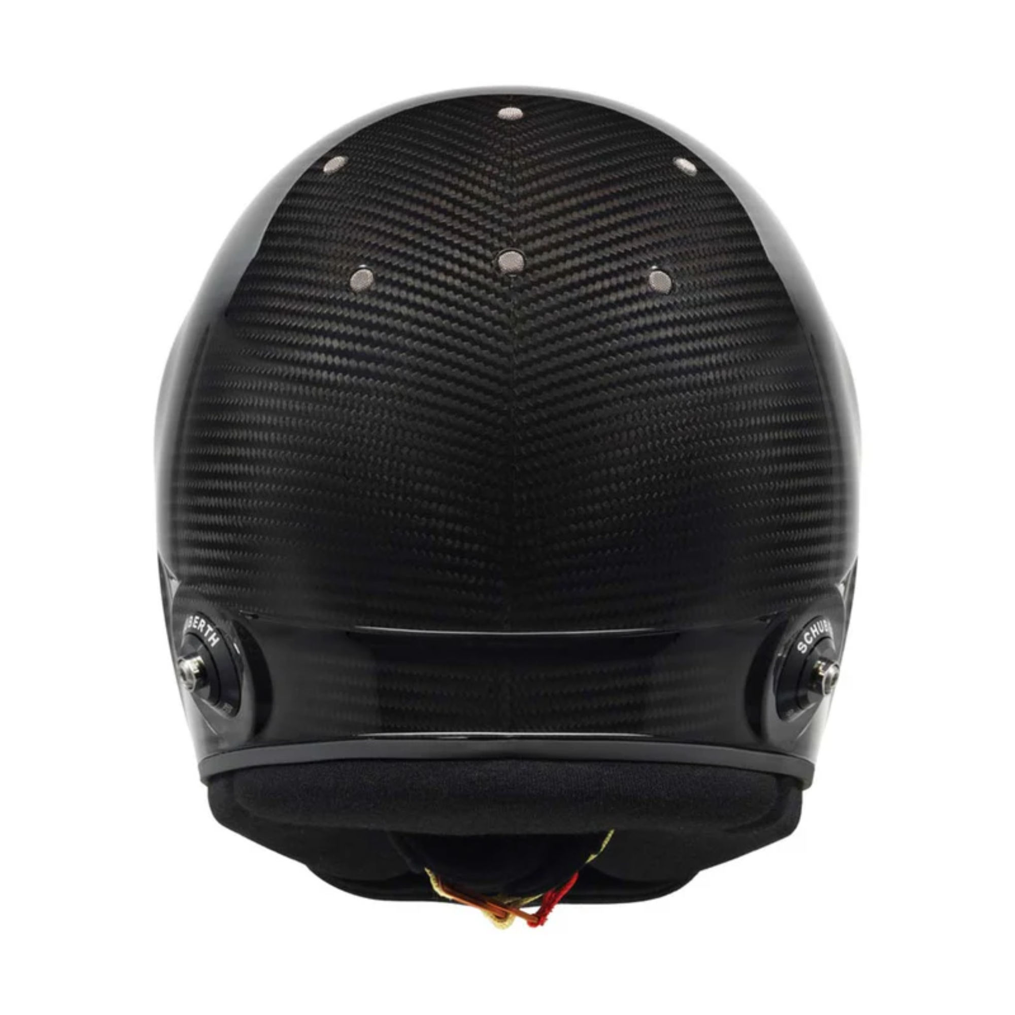The back of the black carbon fiber Schuberth SP1 Carbon Evo Racing Helmet - SA2025 / FIA8859.