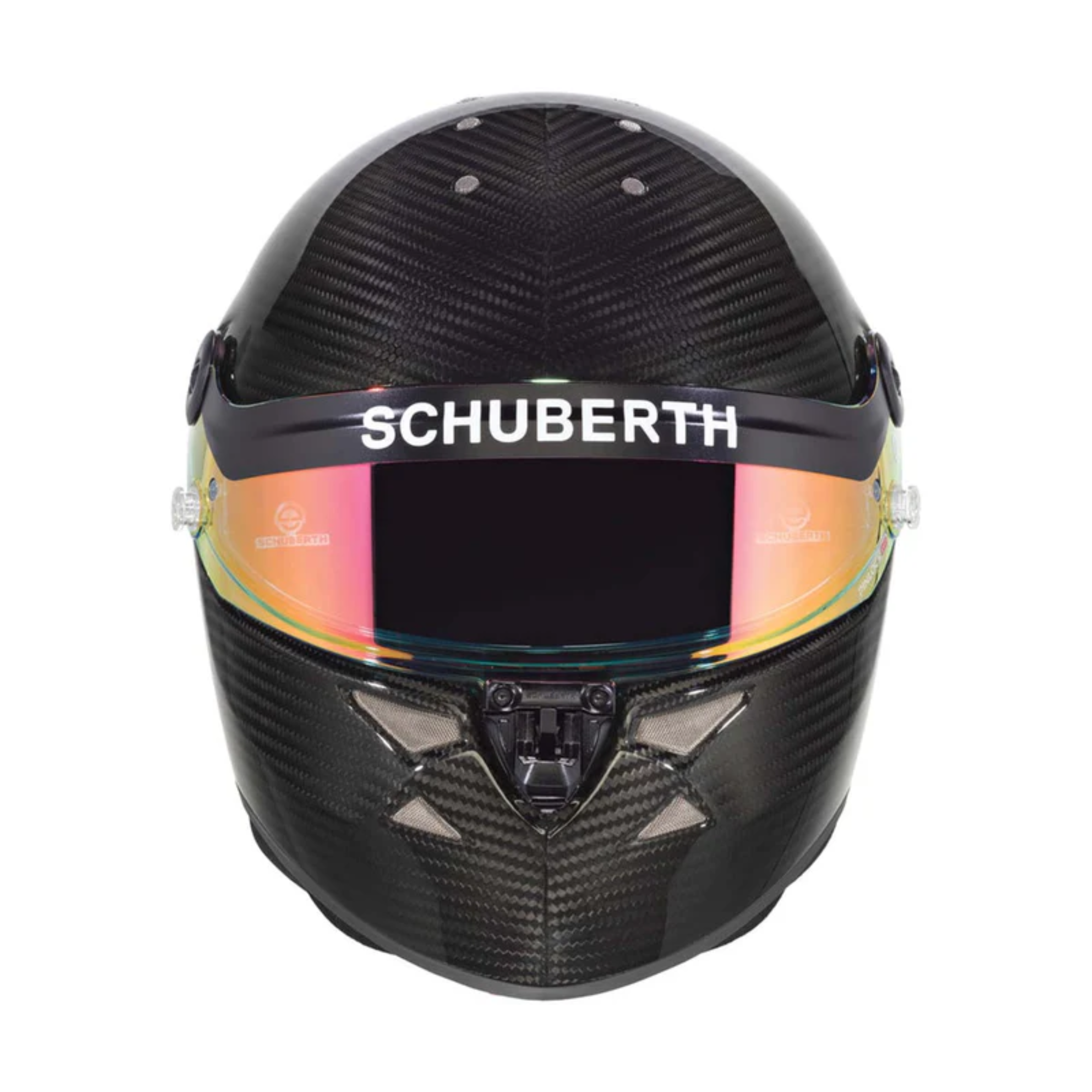 The front of the black carbon fiber Schuberth SP1 Carbon Evo Racing Helmet - SA2025 / FIA8859.