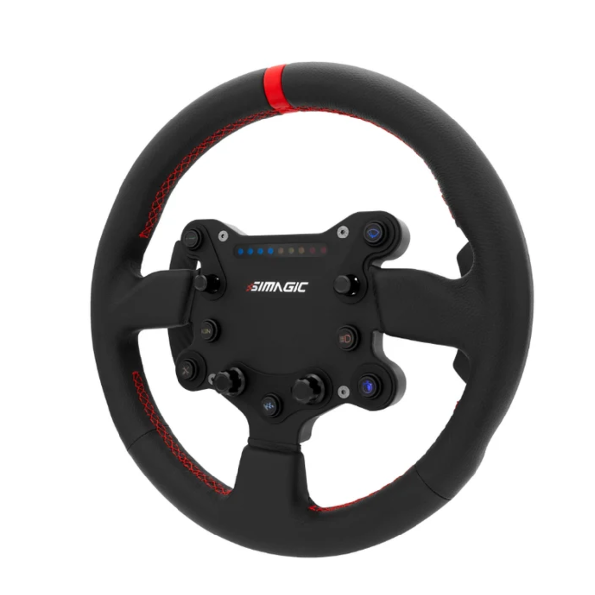 The Simagic GTS Suede Wheel and Button Box at an angle.