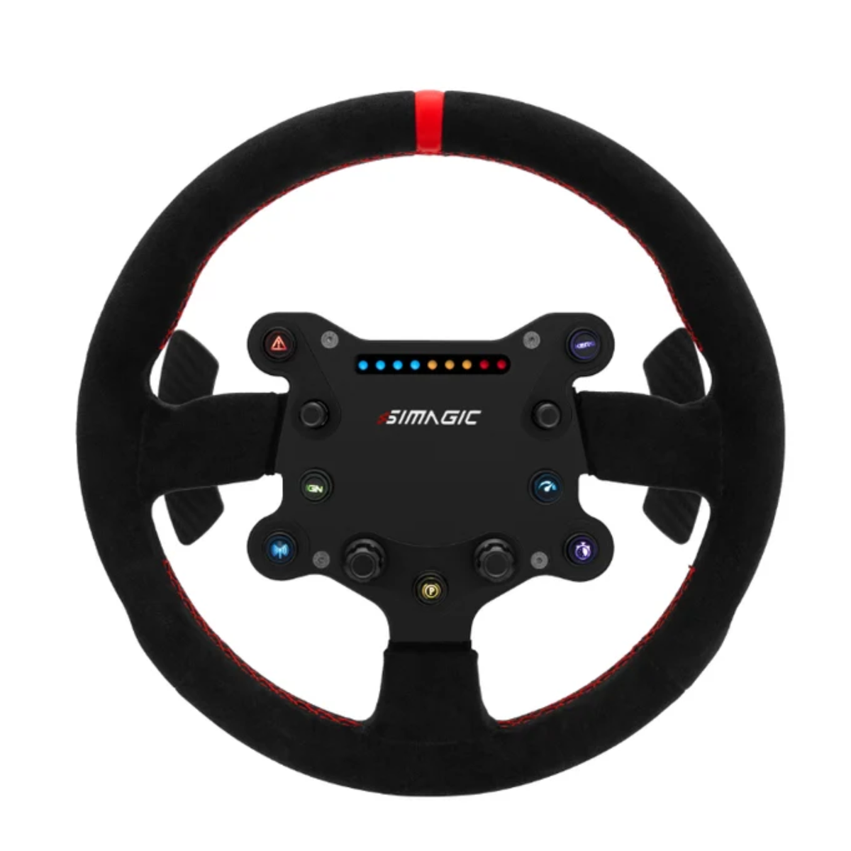 The front of the Simagic GTS Suede Wheel and Button Box.