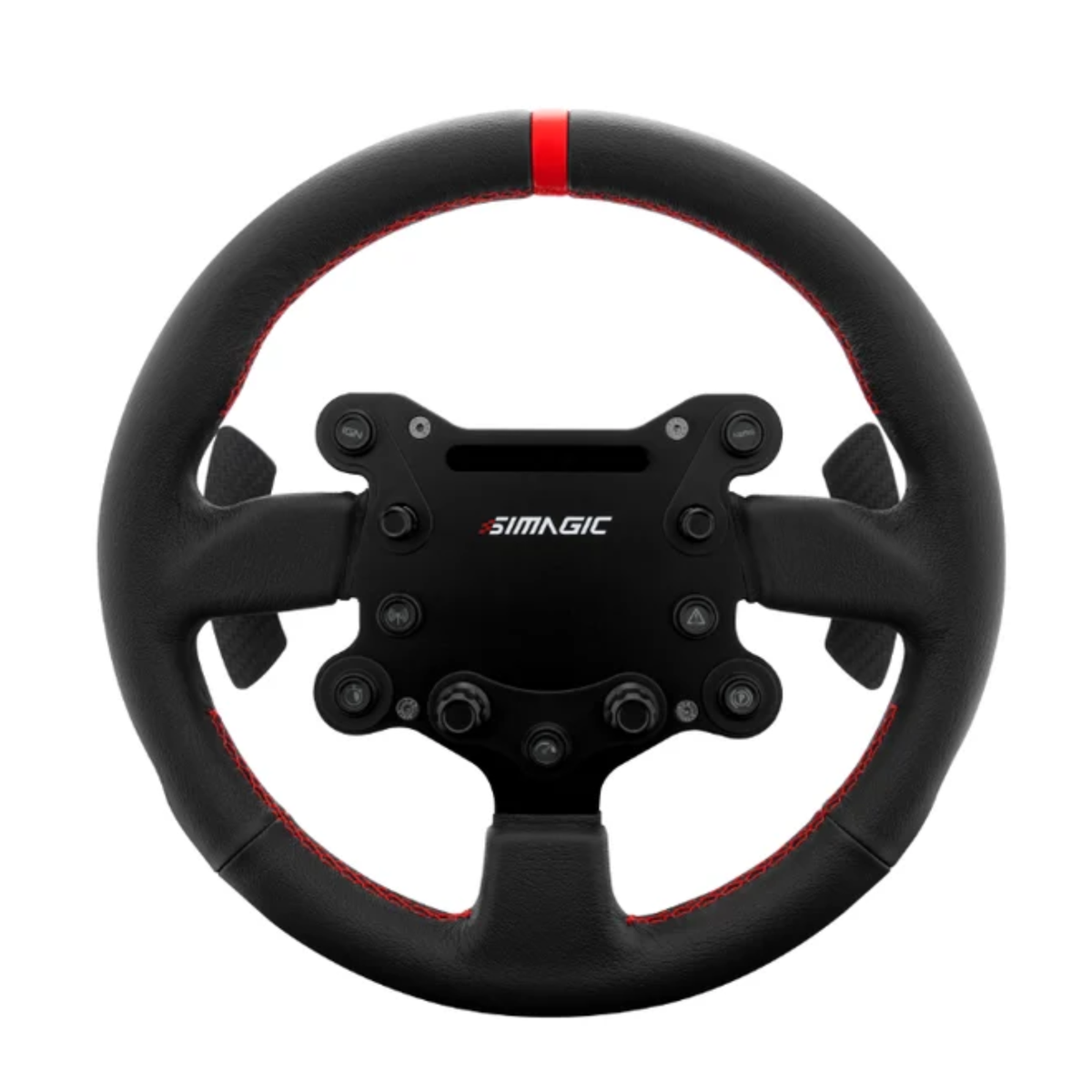 The Simagic GTS Suede Wheel and Button Box with the lights turned off.