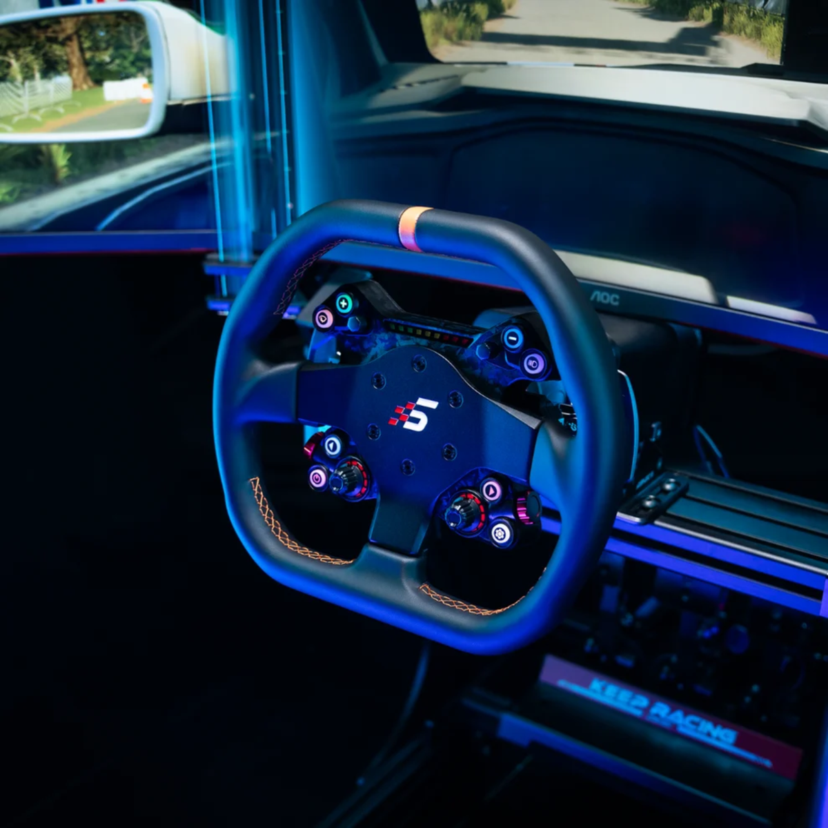 The Simagic Neo X 310G GT Steering Wheel in a sim racing lifestyle photograph.