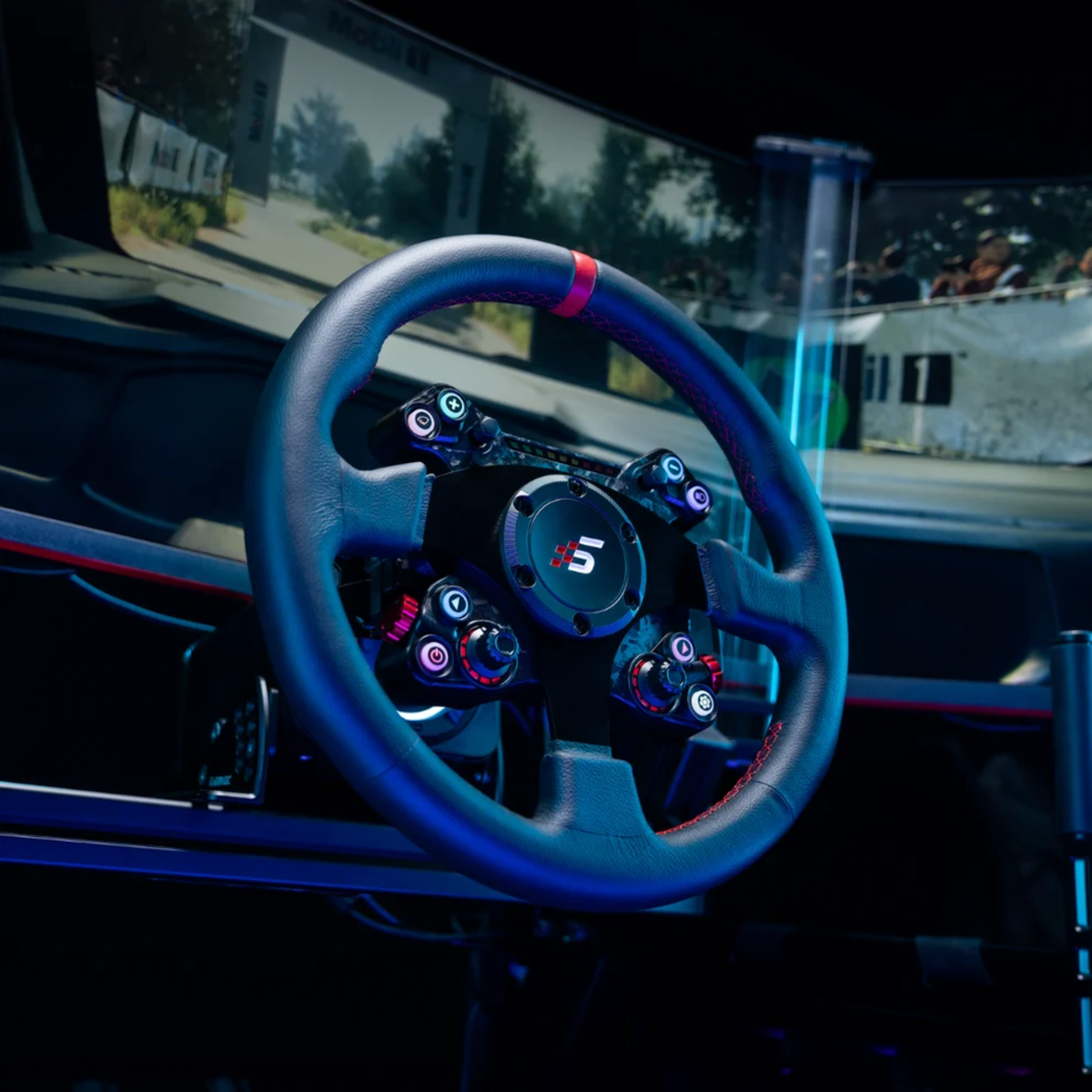 The Simagic Neo X 330R Classic Steering Wheel used with a sim rig for sim racing.