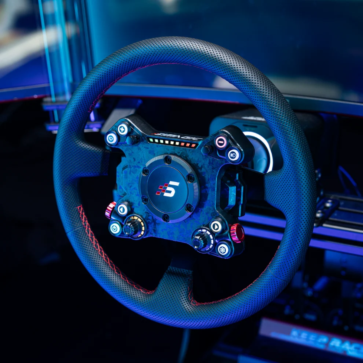 The Simagic Neo X 350W Drift Steering Wheel used for a sim racing setup.