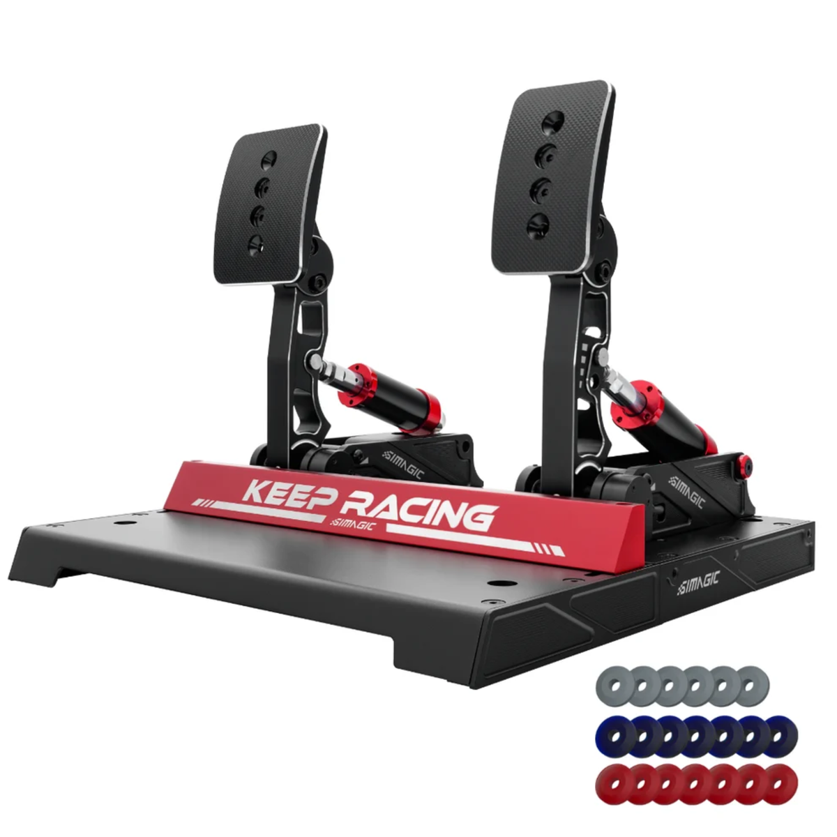 The Simagic P1000 Pedal Set 2 pedal formula set standard with accessories.