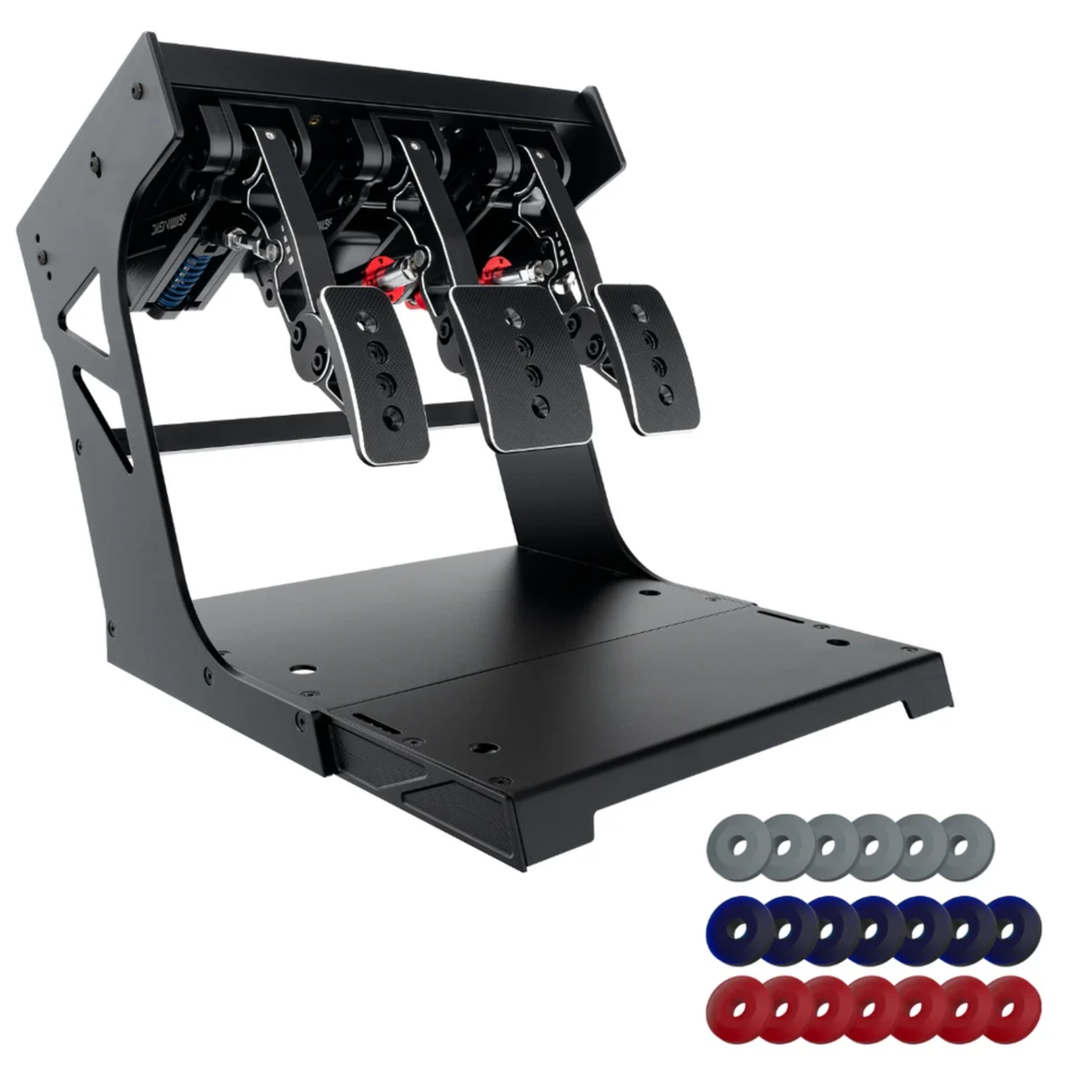 The Simagic P1000 Pedal Set 3 pedals inverted with accessories.