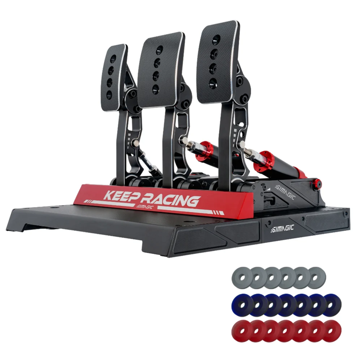 The Simagic P1000 Pedal Set 3 pedals standard with accessories.