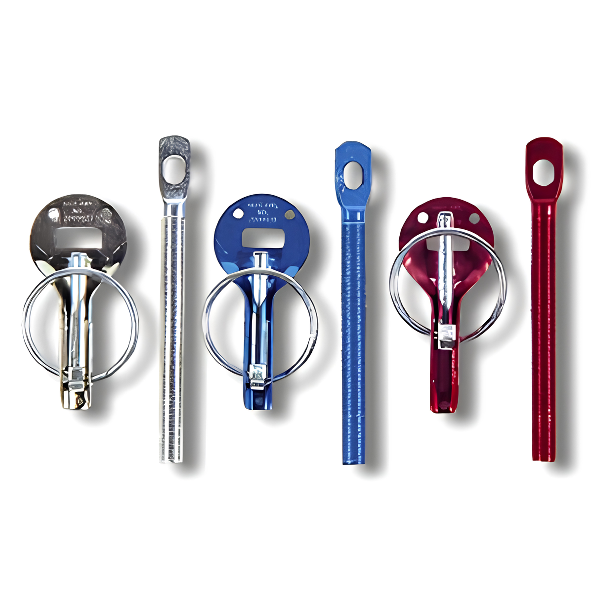 The silver, blue and red Sparco Anodized Hood Pins.