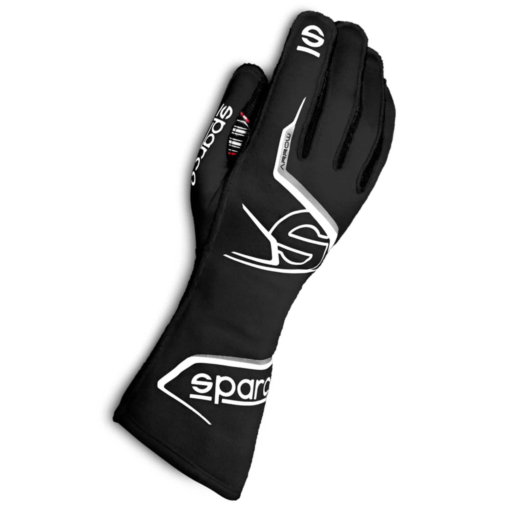 The black and white Sparco Arrow Fire Resistant Racing Gloves - FIA 8856-2018, SFI 3.2a/5.
