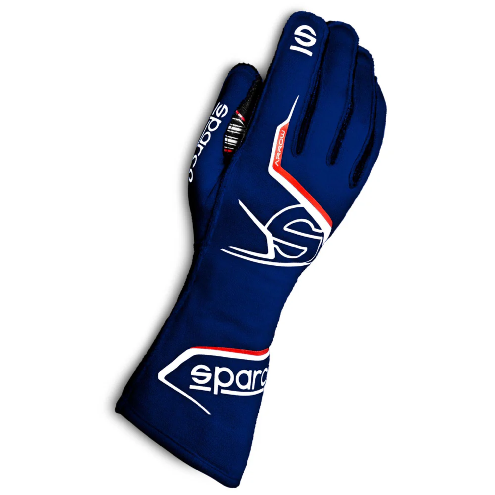 The navy and red Sparco Arrow Fire Resistant Racing Gloves - FIA 8856-2018, SFI 3.2a/5.