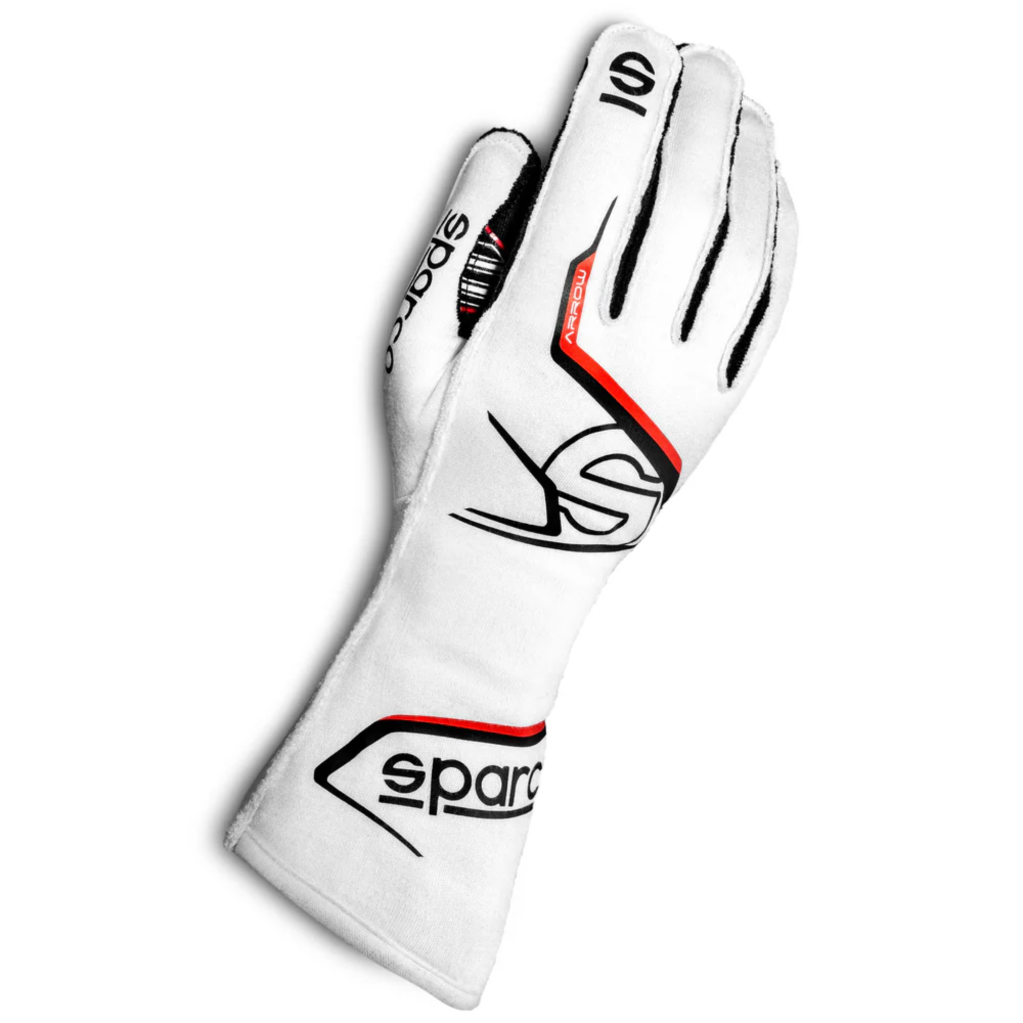 The white and black Sparco Arrow Fire Resistant Racing Gloves - FIA 8856-2018, SFI 3.2a/5.