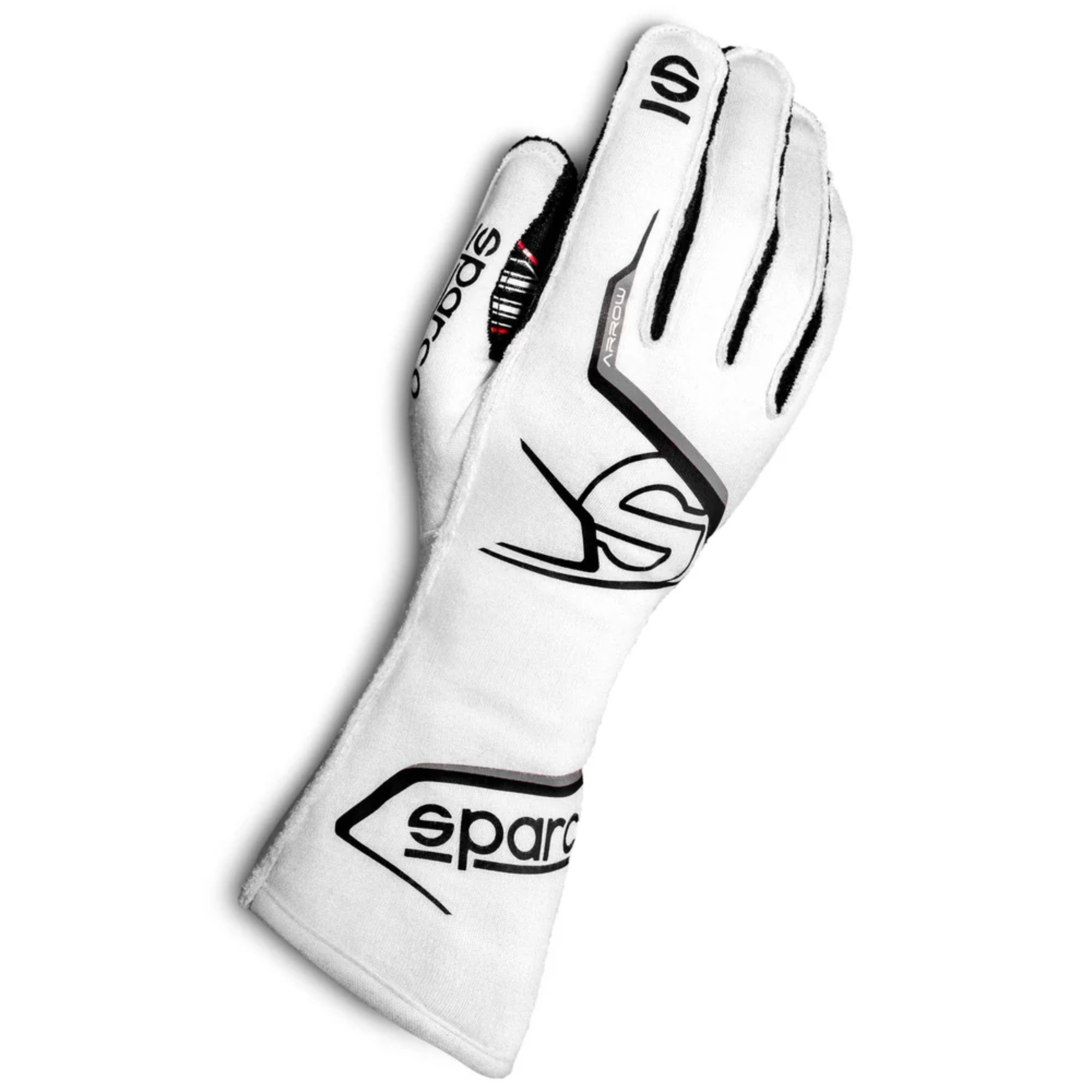 The white and grey Sparco Arrow Fire Resistant Racing Gloves - FIA 8856-2018, SFI 3.2a/5.