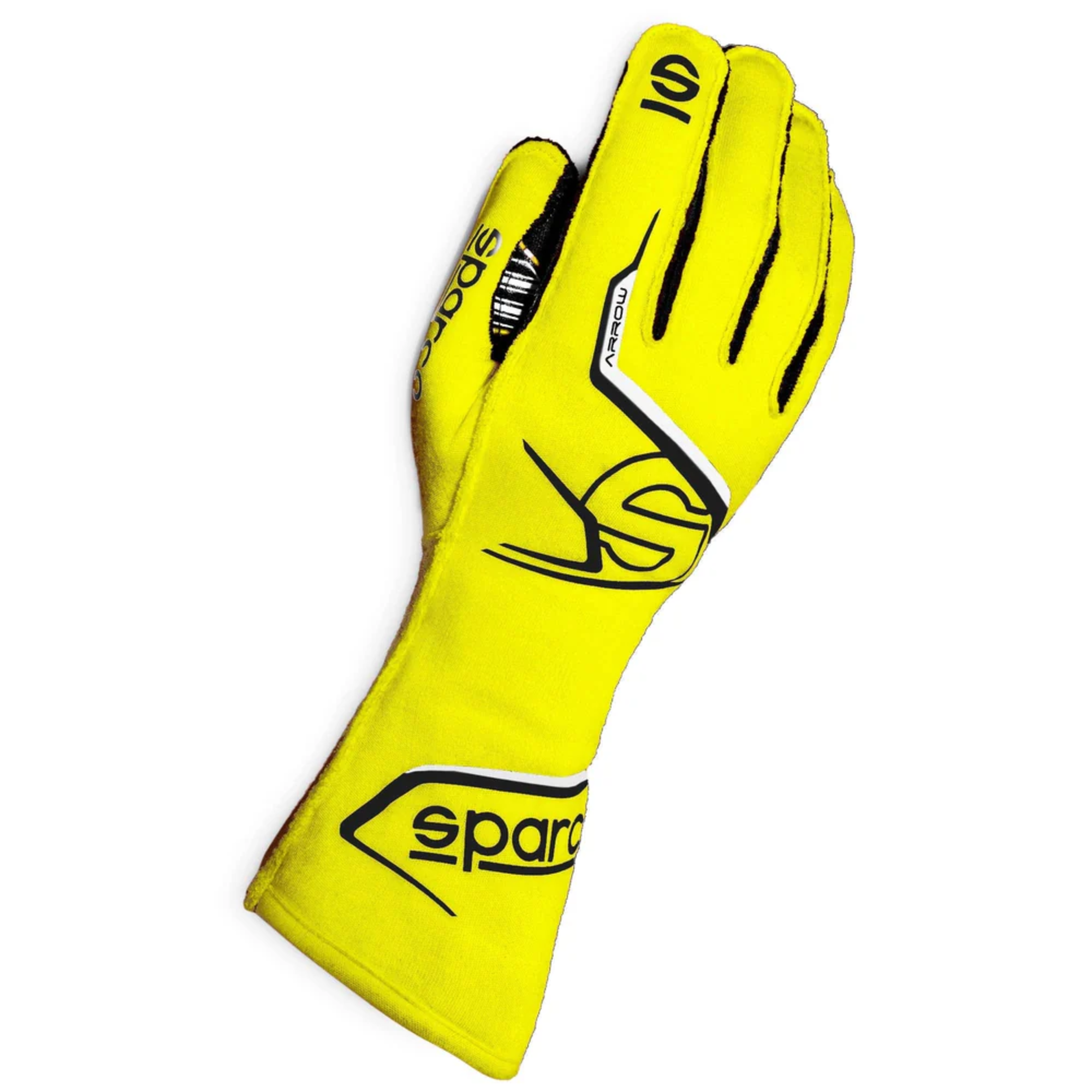 The yellow Sparco Arrow Fire Resistant Racing Gloves - FIA 8856-2018, SFI 3.2a/5.