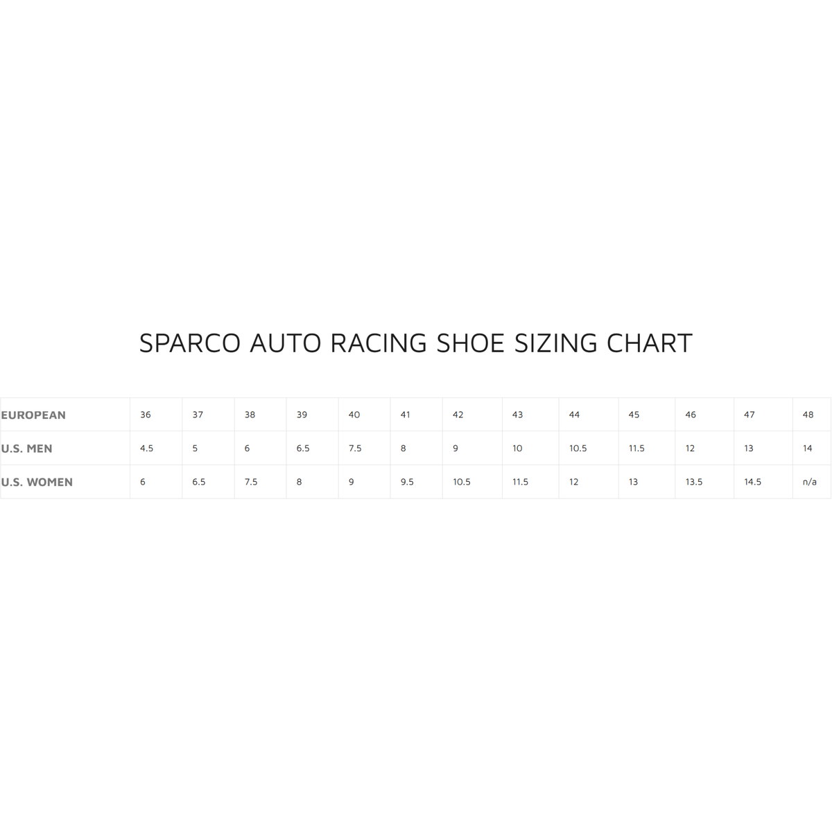 The sizing chart for Sparco Auto Racing Shoes. all-groups