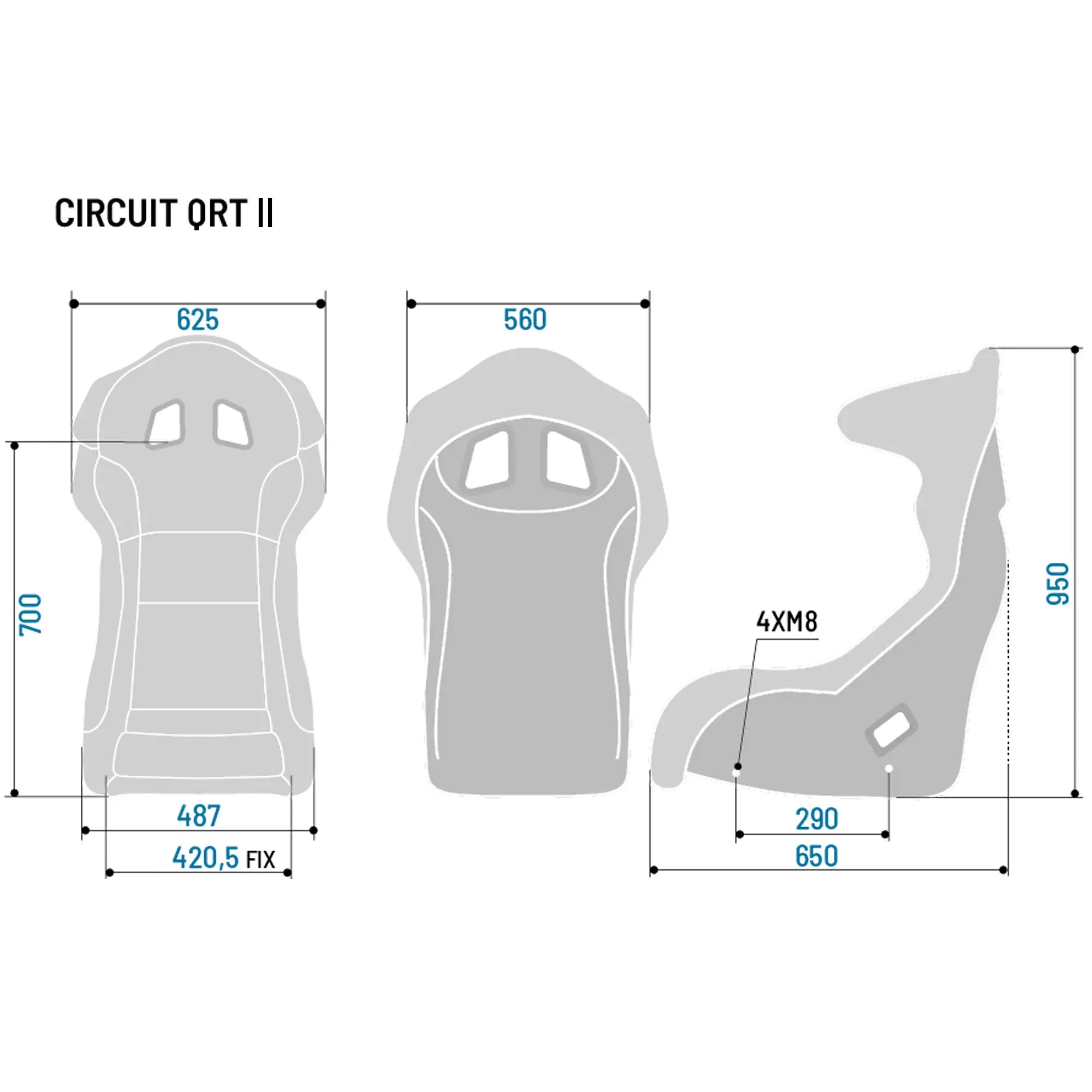 The dimensions of the black Sparco Circuit II QRT Fiberglass Racing Seat.