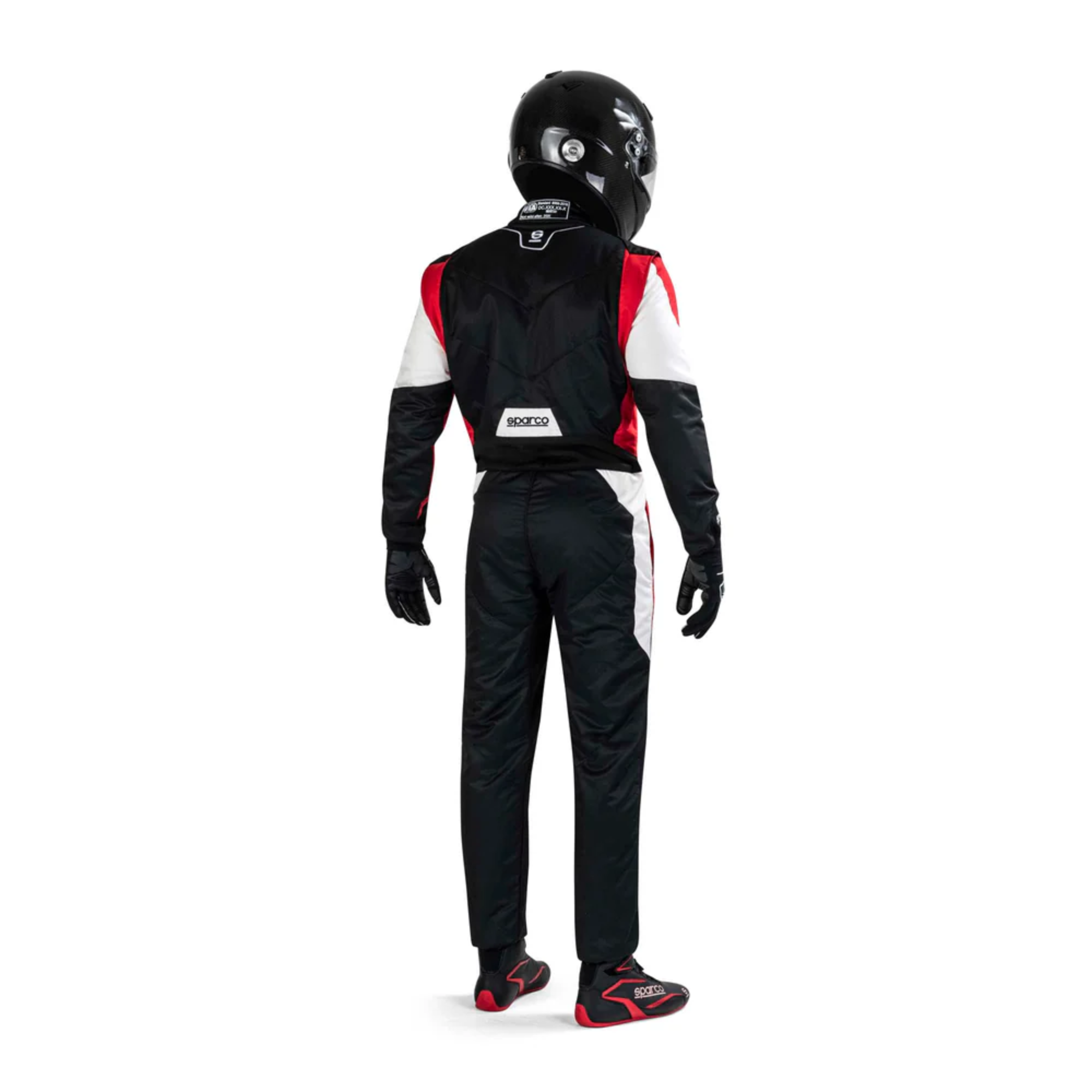 The back of the black, red and white Sparco Competition Racing Suit worn by a model driver.