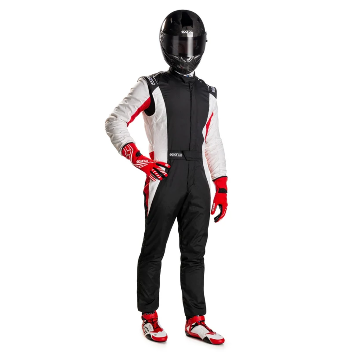 The black and white SFI 3.2a/5 rated Sparco Competition US Racing Suit worn by a model.
