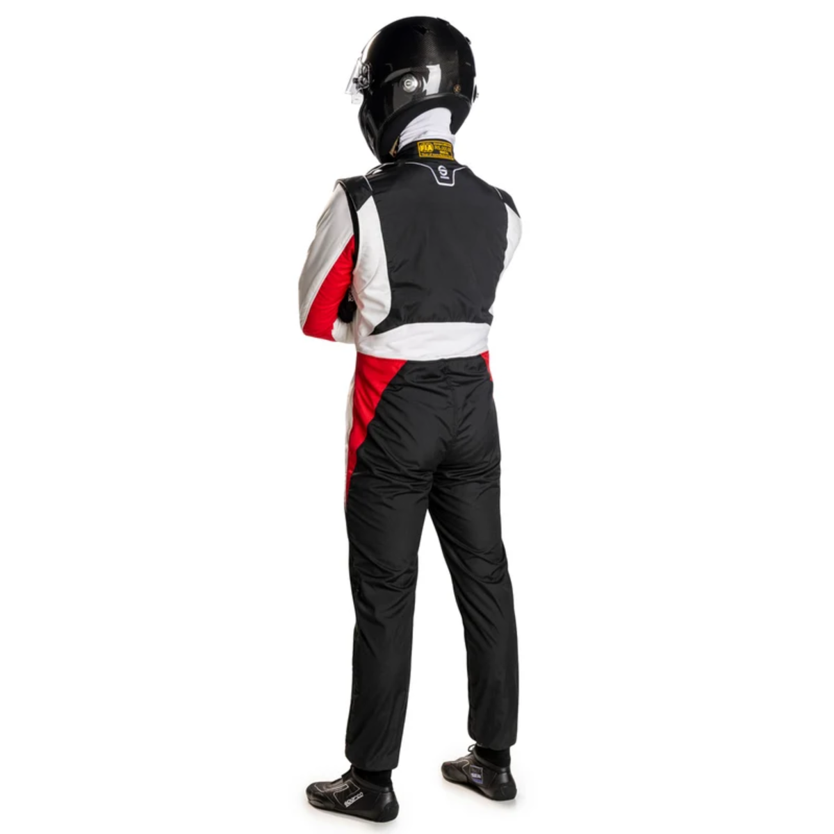 The black and white SFI 3.2a/5 rated Sparco Competition US Racing Suit worn by a model from the back.
