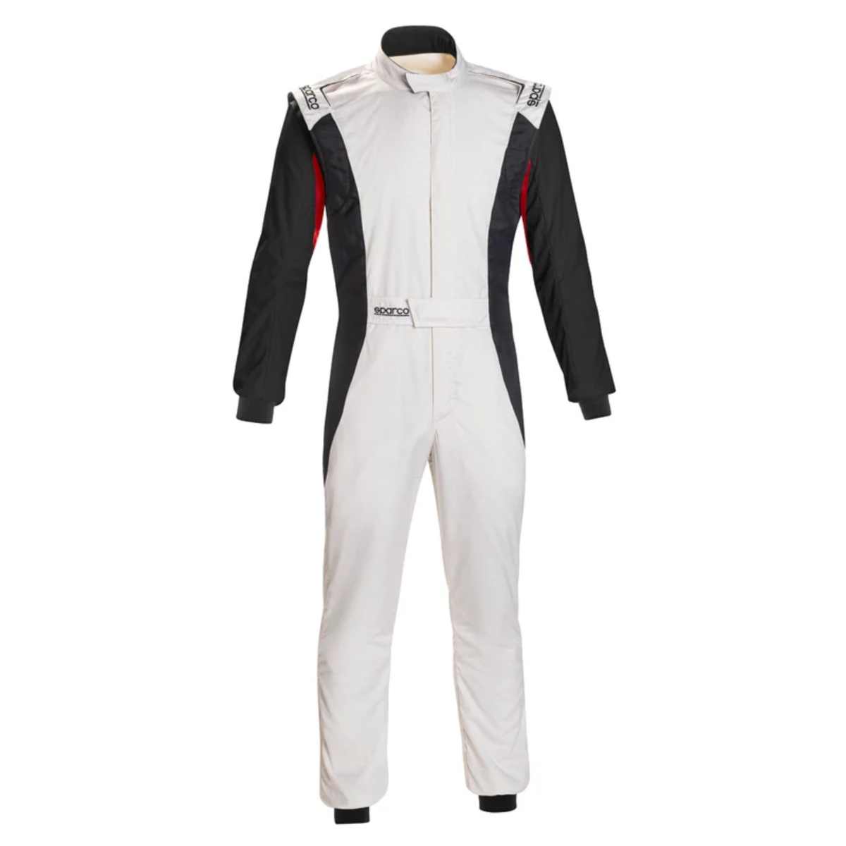 The white and black SFI 3.2a/5 rated Sparco Competition US Racing Suit with red armpits.
