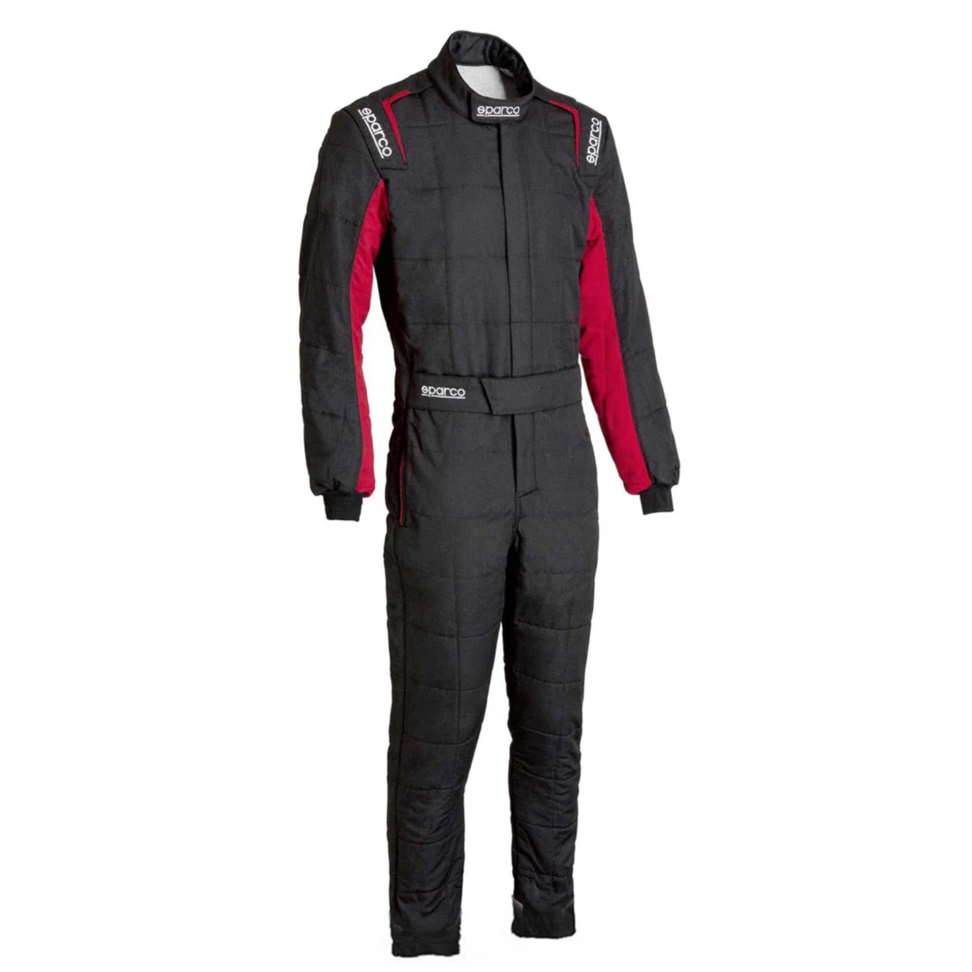 The black and red Sparco Conquest 3.0 Racing Suit - Boot Cut.