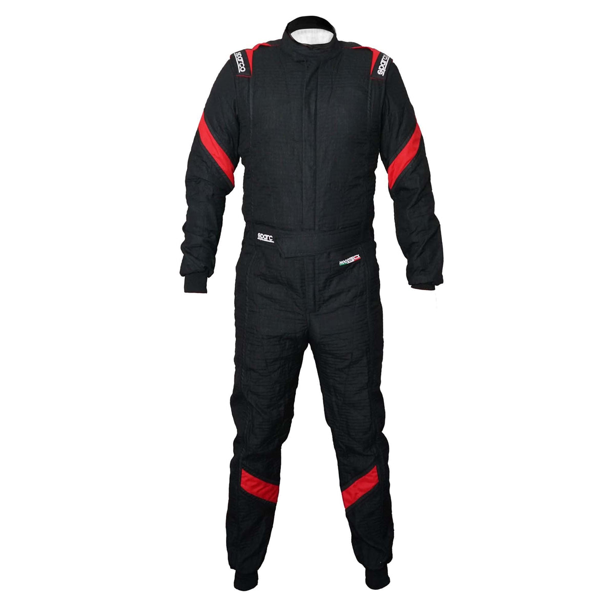 The front of the black Sparco Eagle LT Racing Suit from the front.