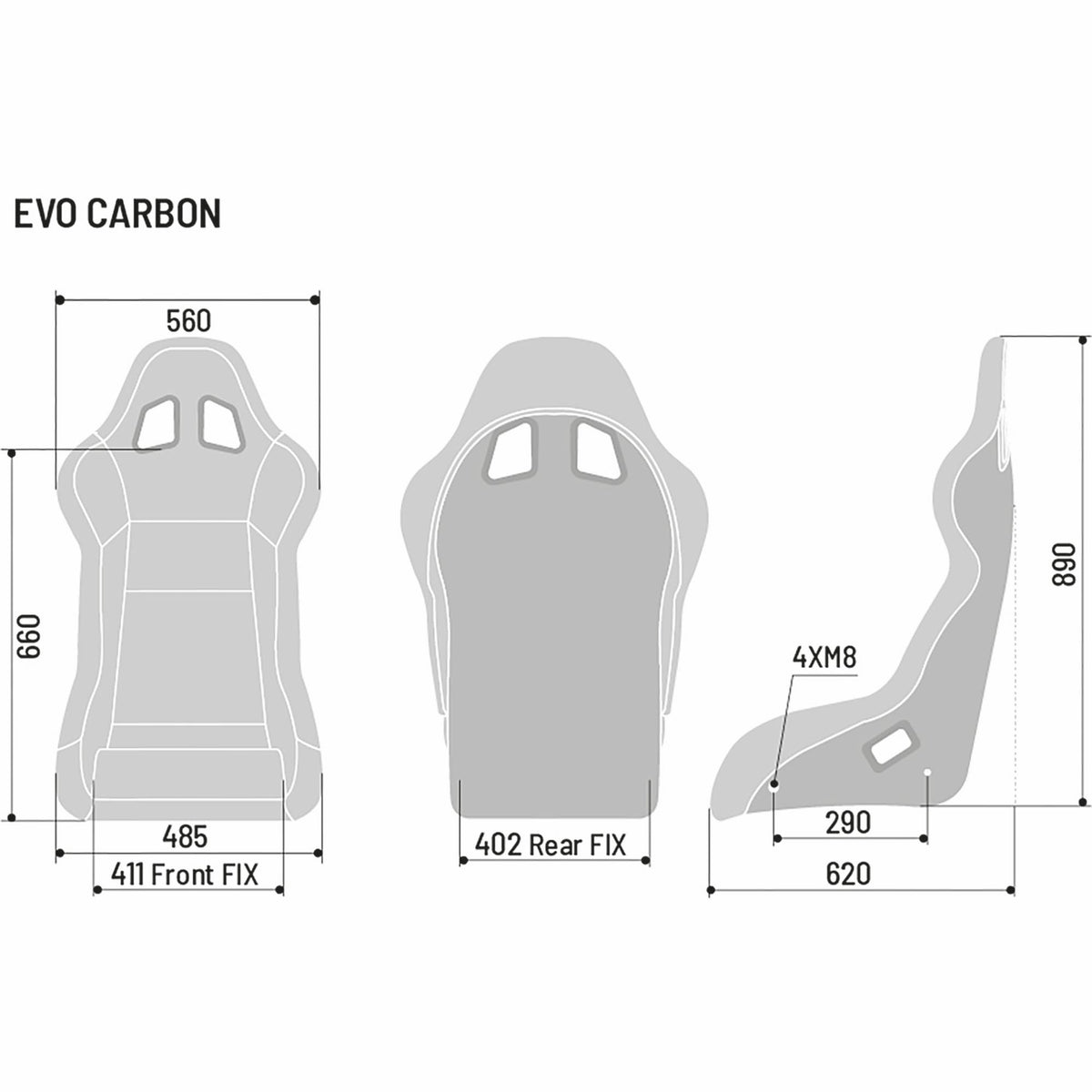 The dimensions of the Sparco Evo Carbon Racing Seat.