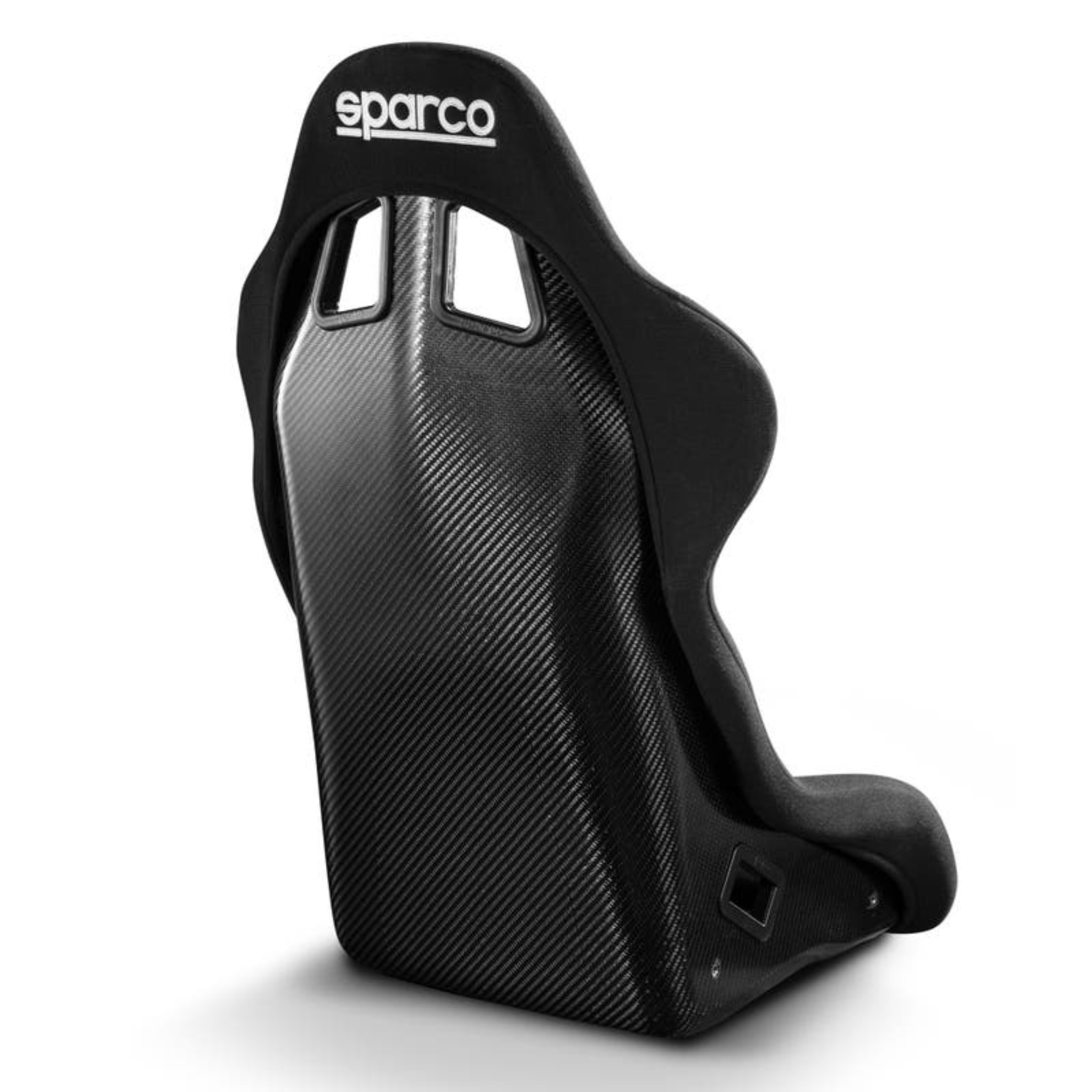 The back of the black Sparco Evo L Carbon X Racing Seat at an angle.