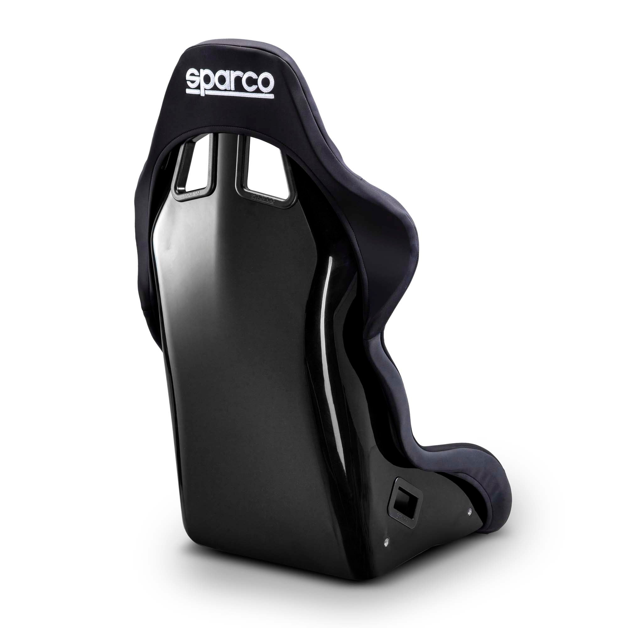 The back of the black Sparco Evo L QRT X Fiberglass Racing Seat.