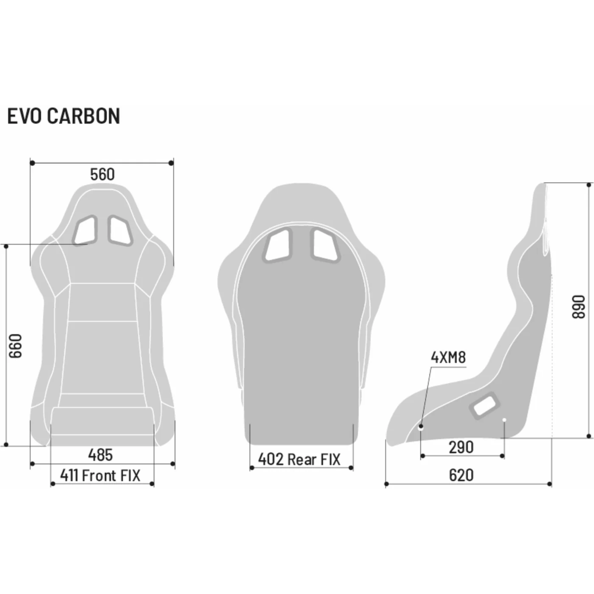 The dimensions of the Sparco Evo Performance Carbon Racing Seat.