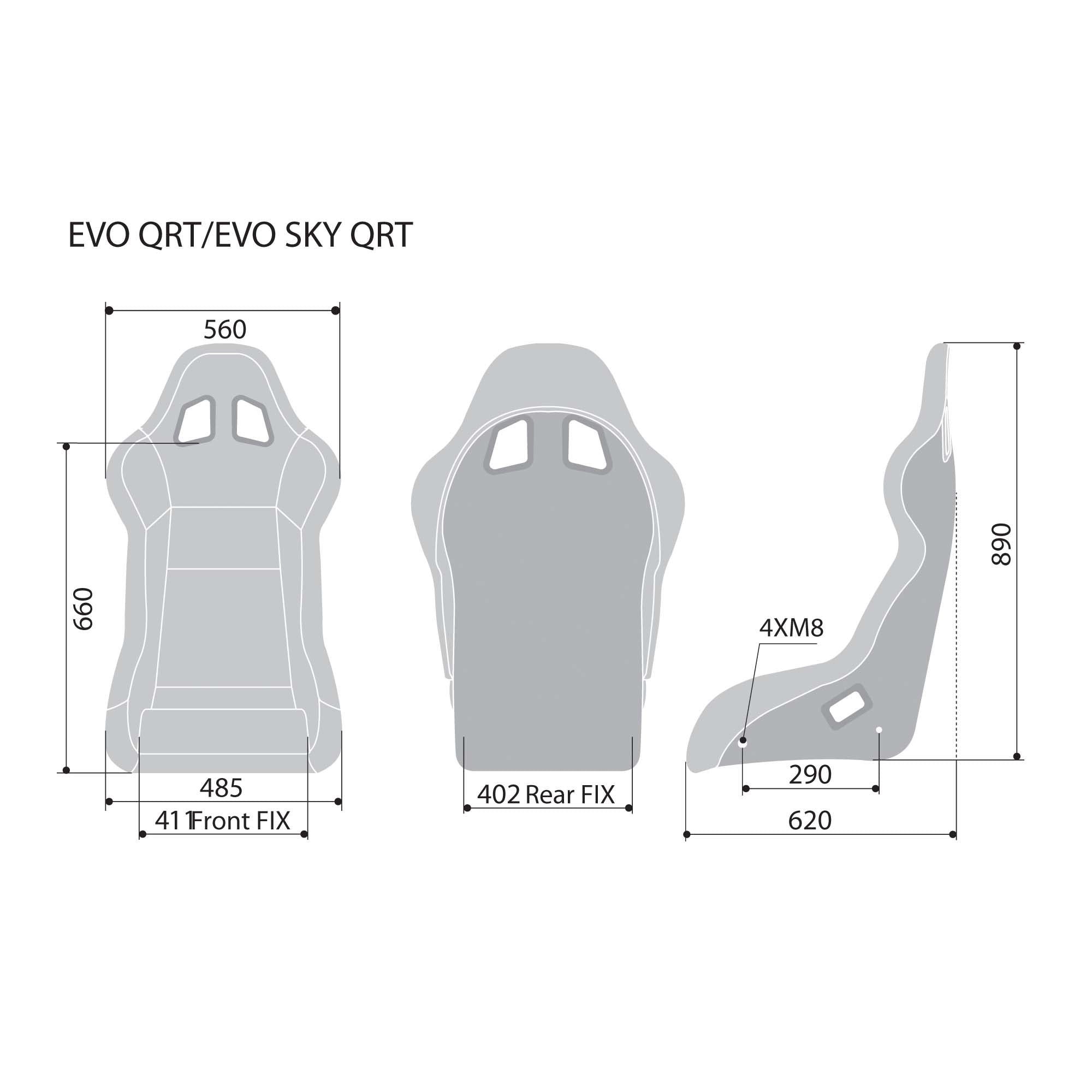 The dimensions for the Sparco Evo QRT X Fiberglass Racing Seat.