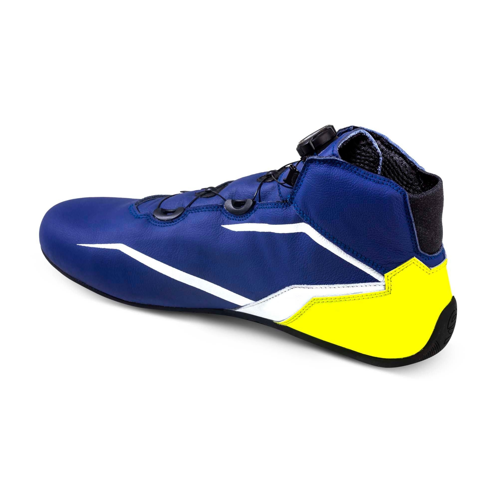 The blue and yellow Sparco K-Formula Karting Shoes showing the inside.