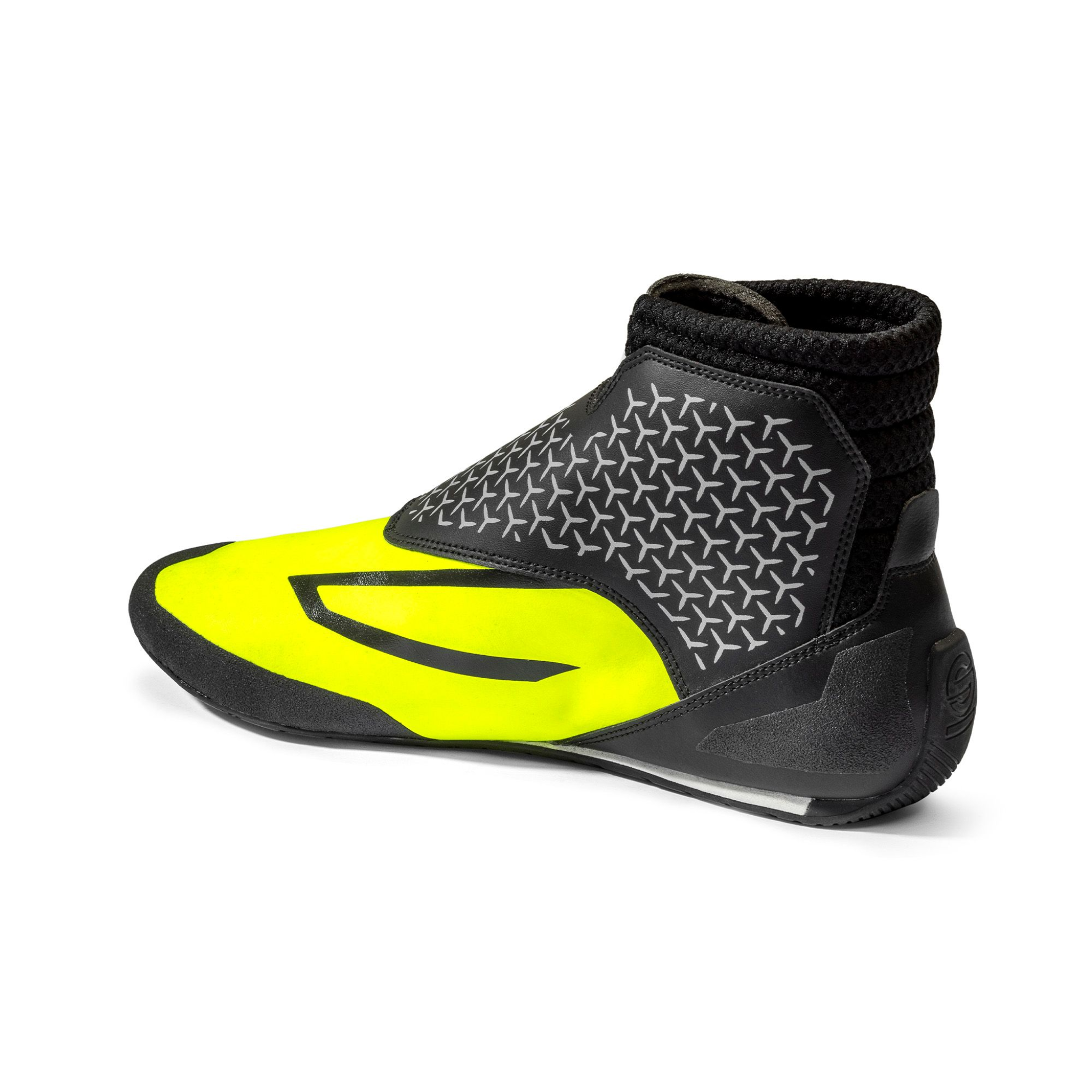 The inside of the yellow and black Sparco K-Prime Karting Shoes.