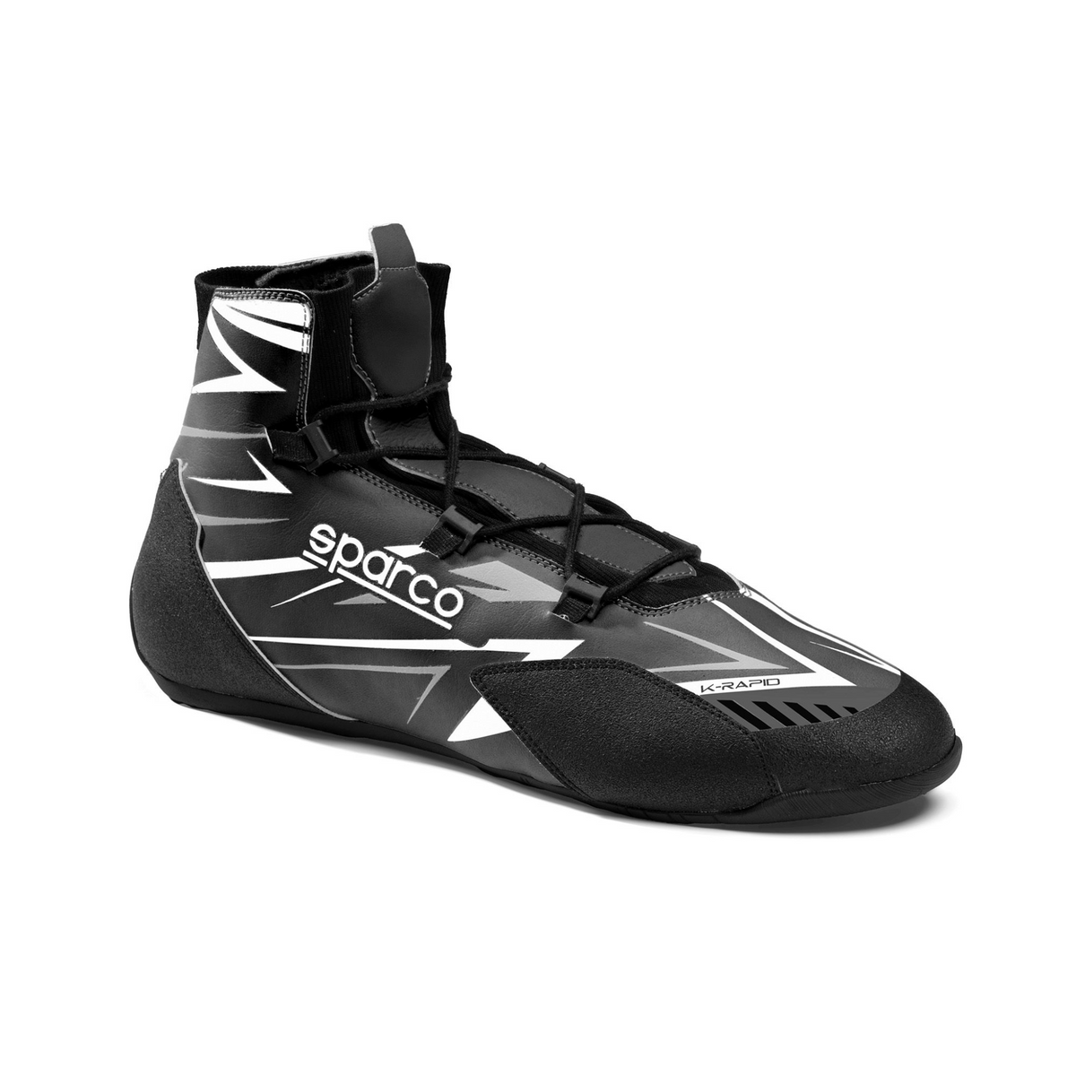 The FIA 8877-2022 homologated black and white Sparco K-Rapid Lace Karting Shoes.