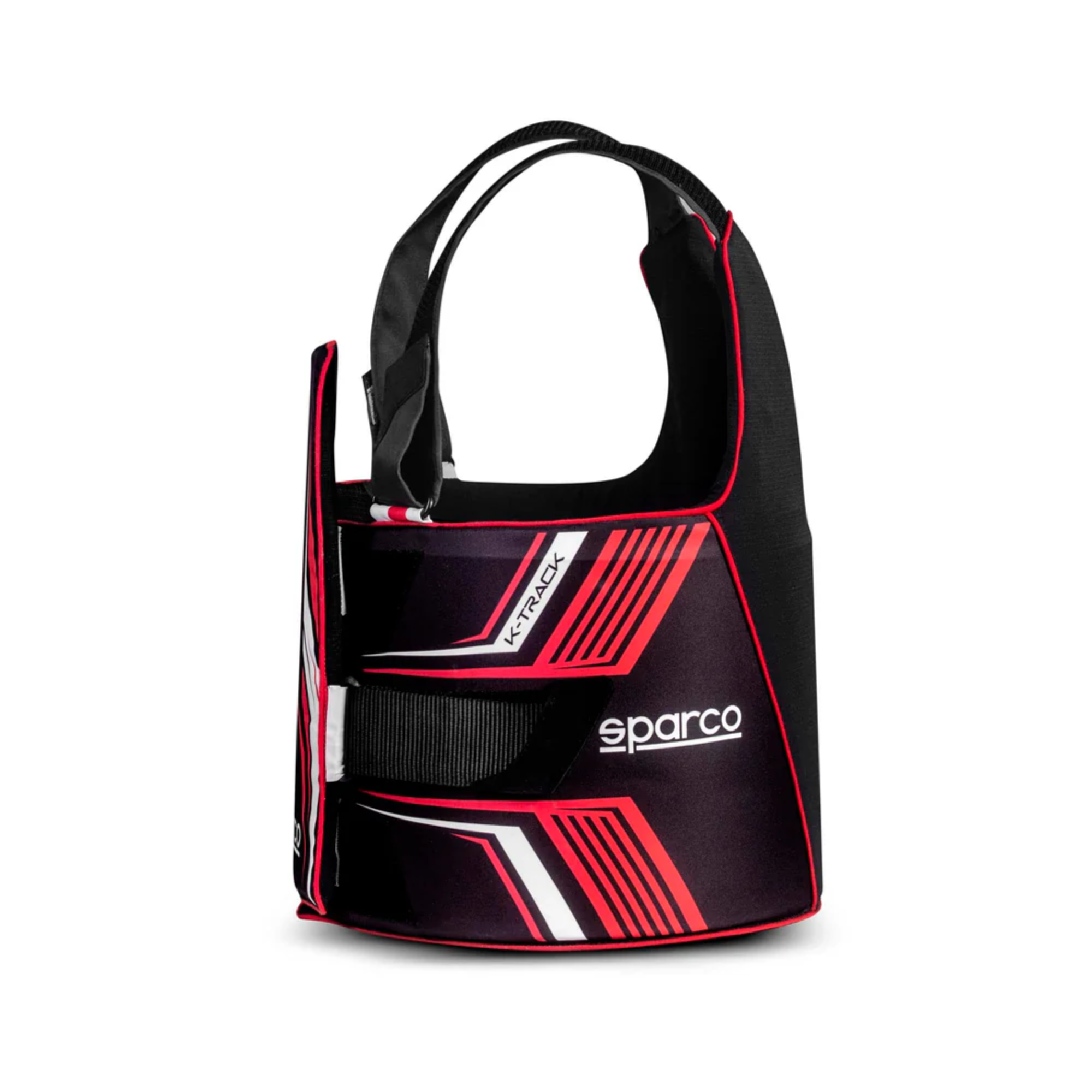 The black and red Sparco K-Track Rib Protector Vest from Sparco from the side.