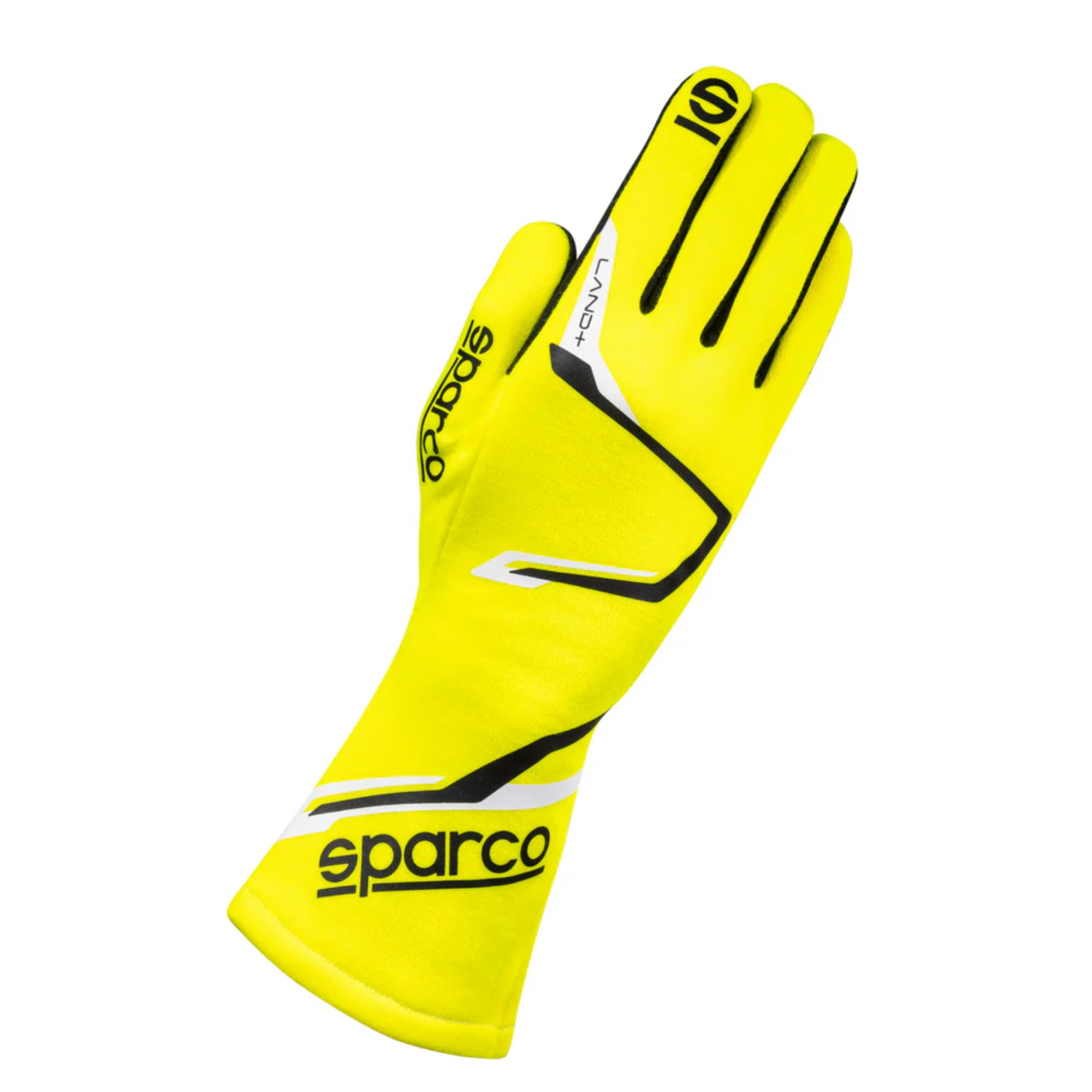 The back of the yellow Sparco Land+ Racing Gloves.