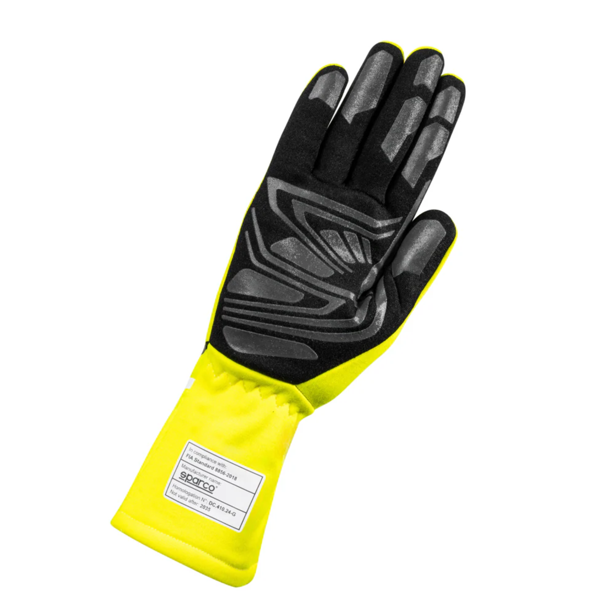 The palm of the yellow Sparco Land+ Racing Gloves.