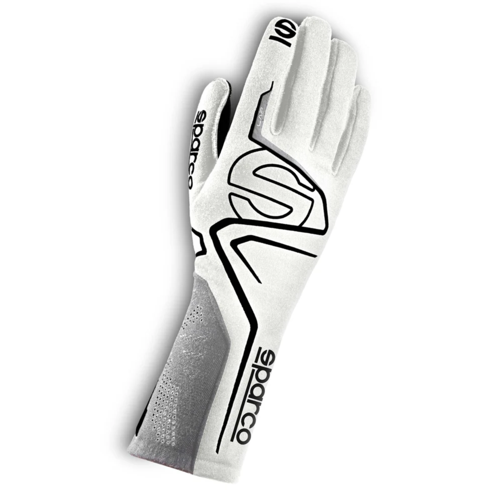 The white and black Sparco Lap Racing Gloves.