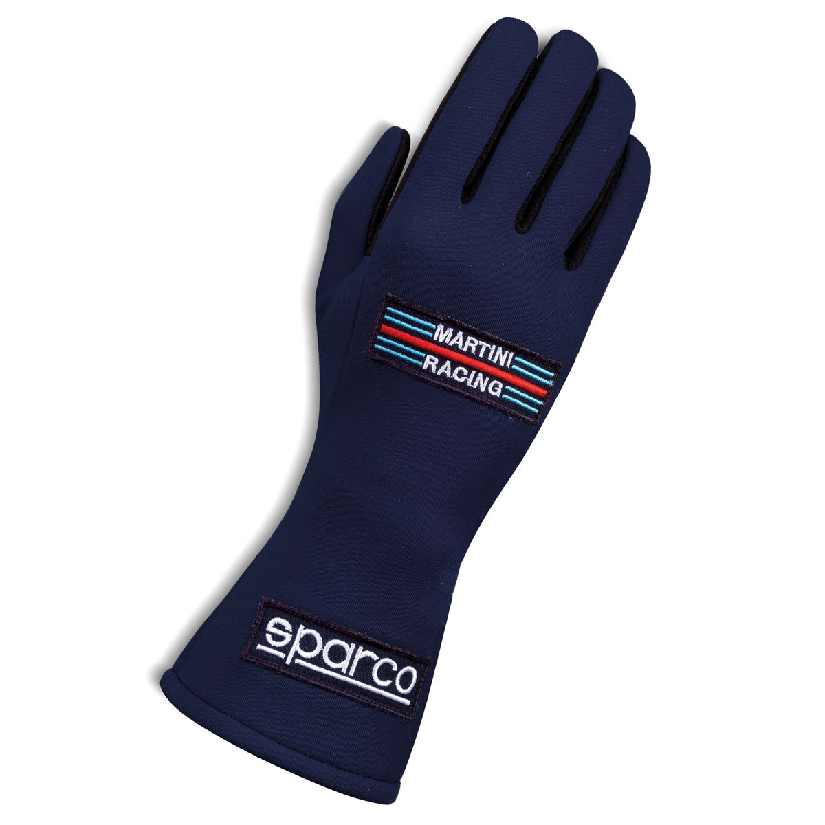 A single 2024 Model navy Sparco Martini Land Racing Glove.